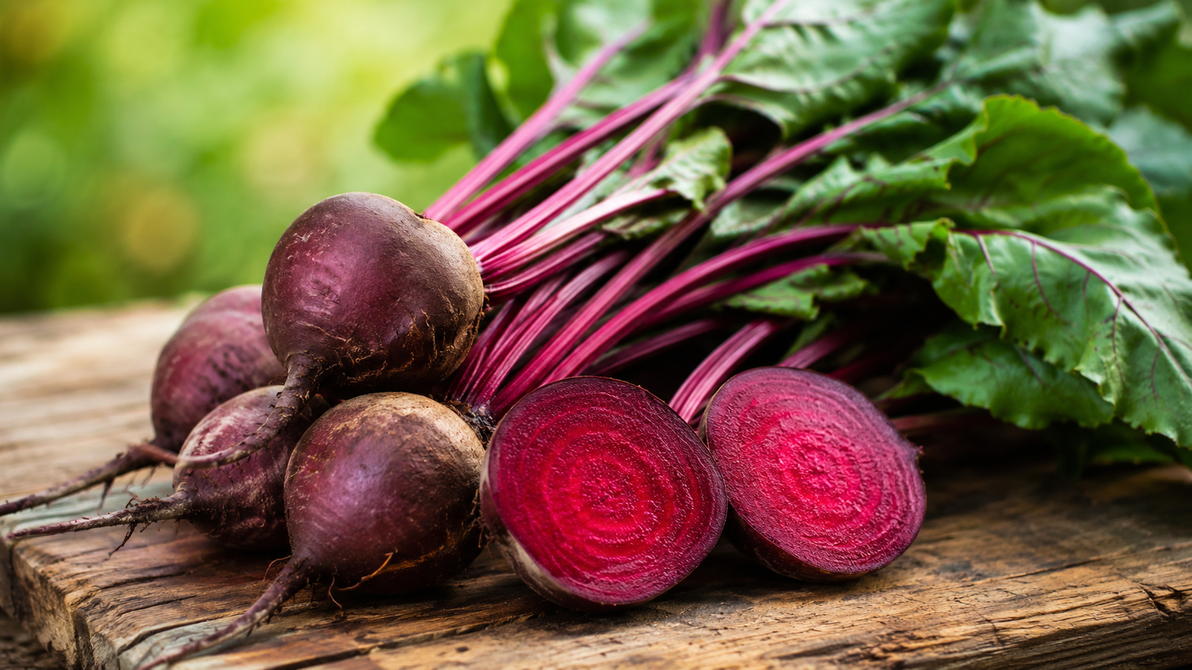Fresh whole and halved beets with green leafy tops arranged on a rustic wooden surface, showing deep crimson interiors under soft natural daylight.