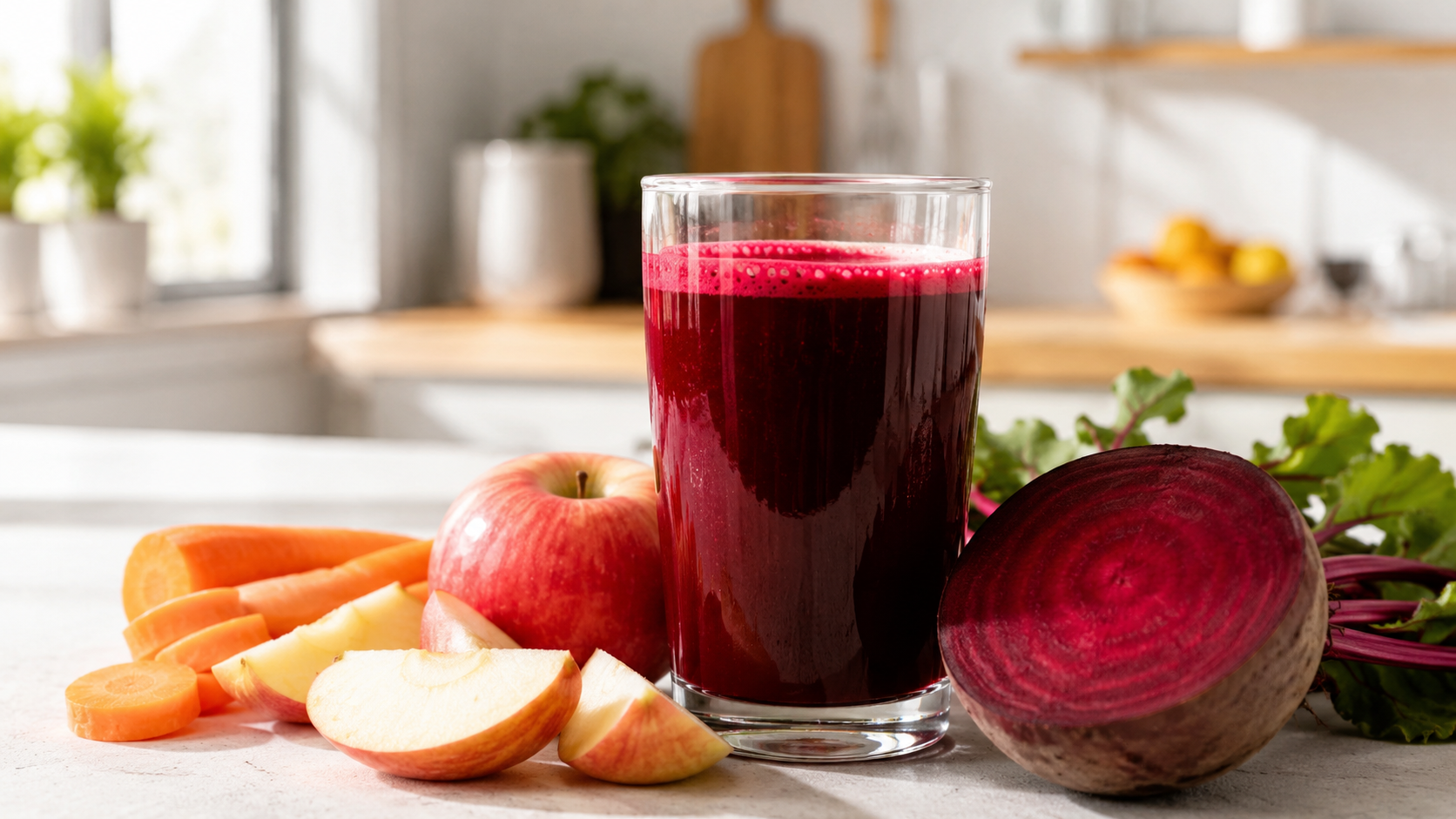 A glass of deep red beet juice on a bright kitchen counter with sliced apple, carrot pieces, and a halved beet in soft morning light.
