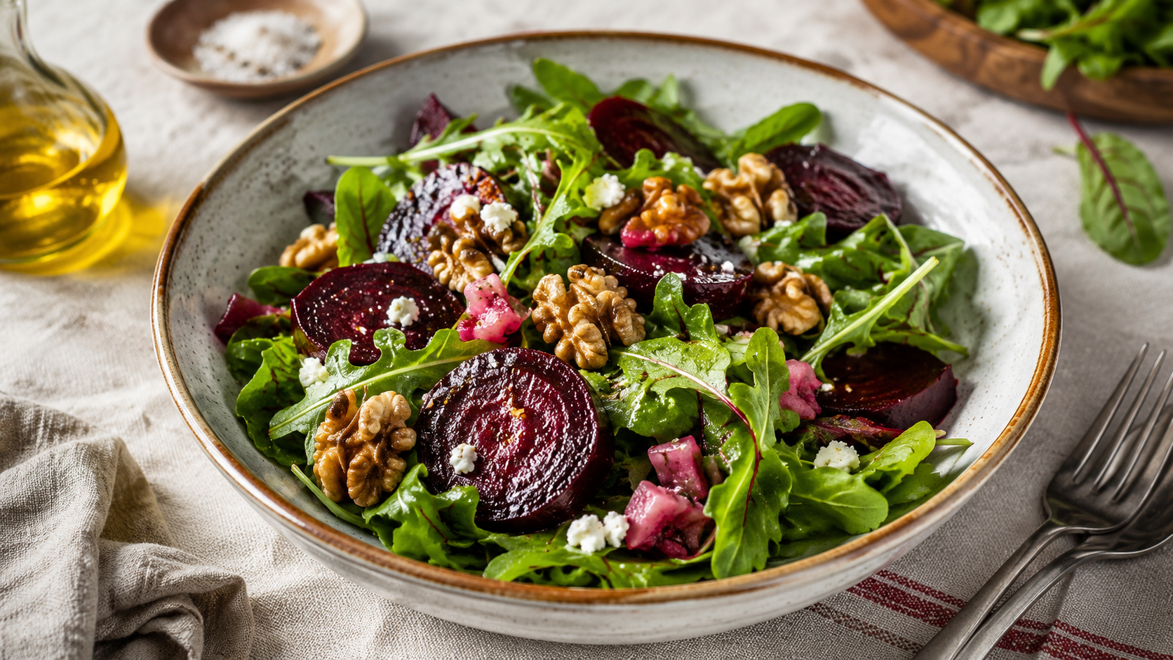 A colorful salad bowl with sliced roasted beets, leafy greens, walnuts, and olive oil on a linen-covered table in soft natural daylight.