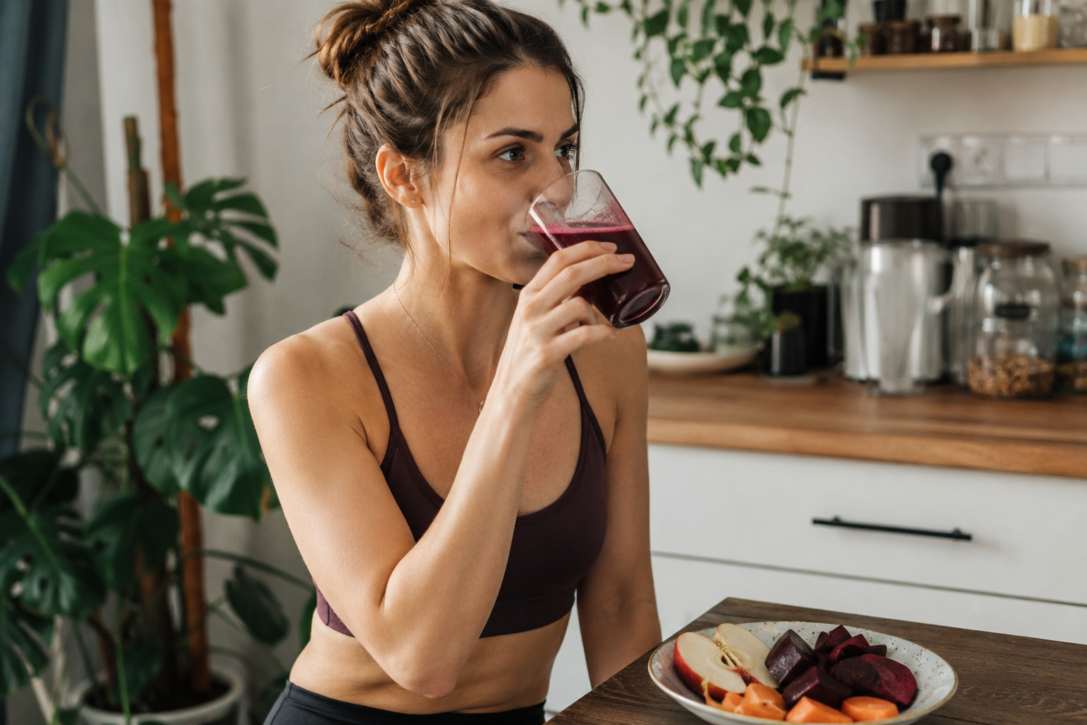 A woman in athletic wear drinking a glass of deep red beet juice in a bright modern kitchen, with sliced apples, carrots, and beets on a plate nearby.