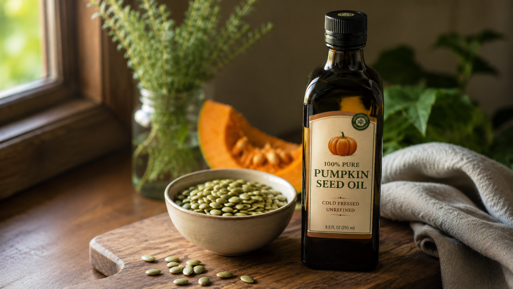 Dark glass bottle of cold-pressed pumpkin seed oil beside a bowl of raw pumpkin seeds on a wooden cutting board in soft morning light, showcasing a healthy gourmet cooking ingredient.