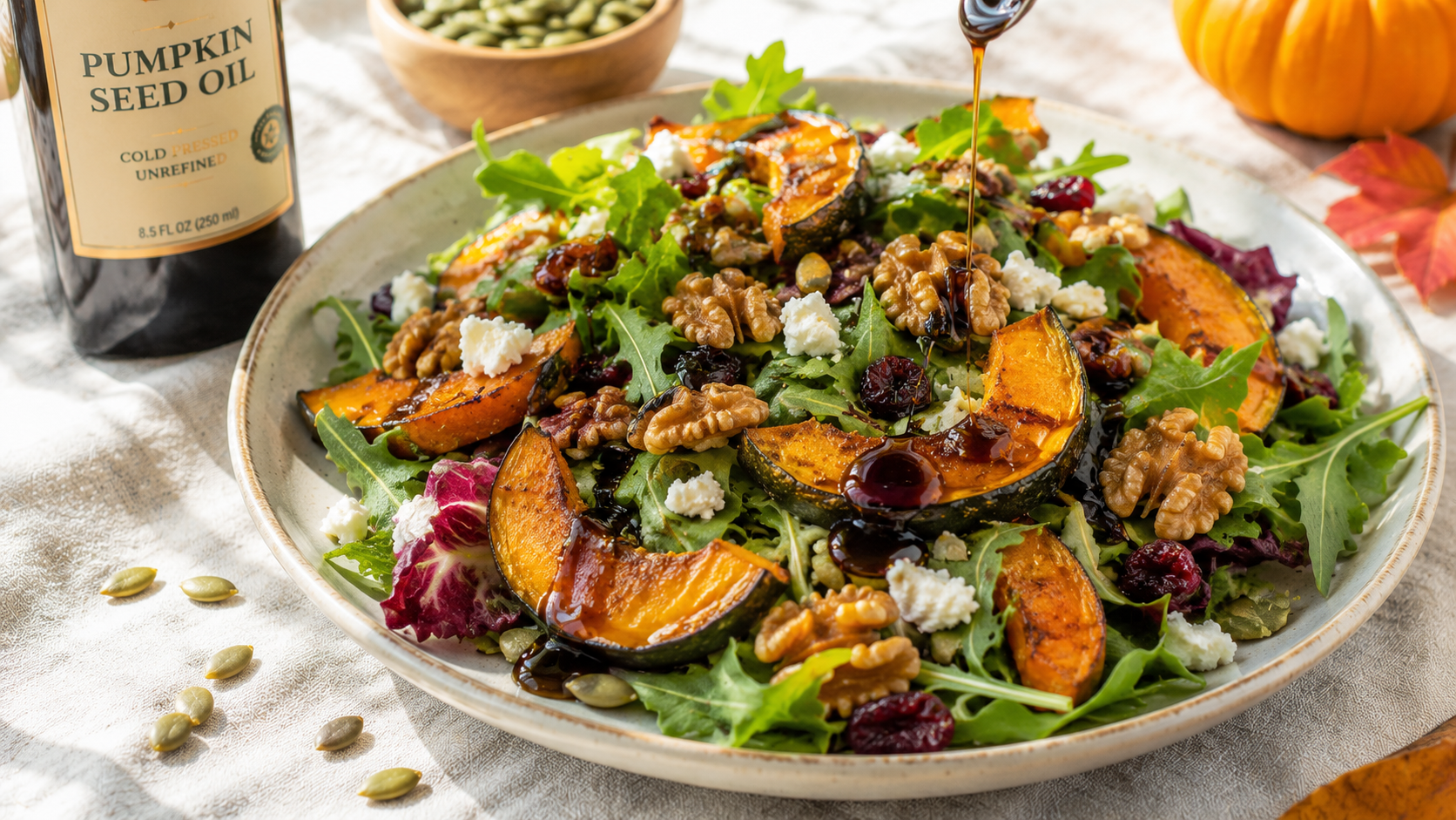 Fresh autumn salad with greens, roasted squash, walnuts, dried cranberries, and pumpkin seed oil drizzle on a ceramic plate in bright natural light.