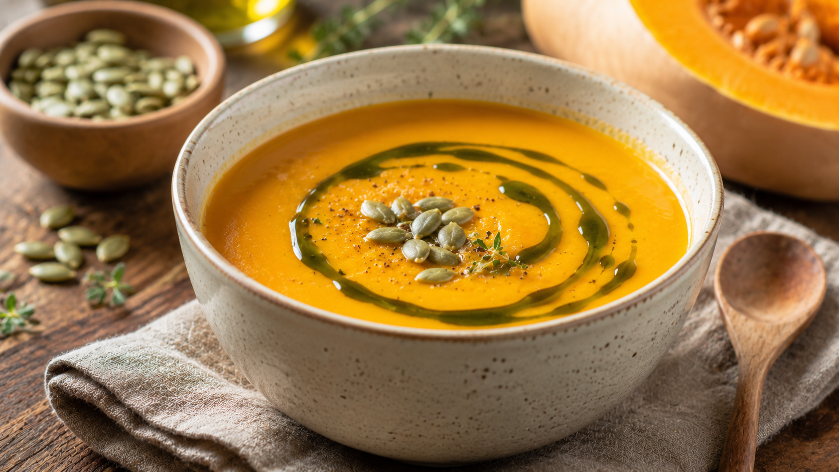 Warm bowl of butternut squash soup topped with pumpkin seeds and a deep green pumpkin seed oil swirl on a rustic wooden table.