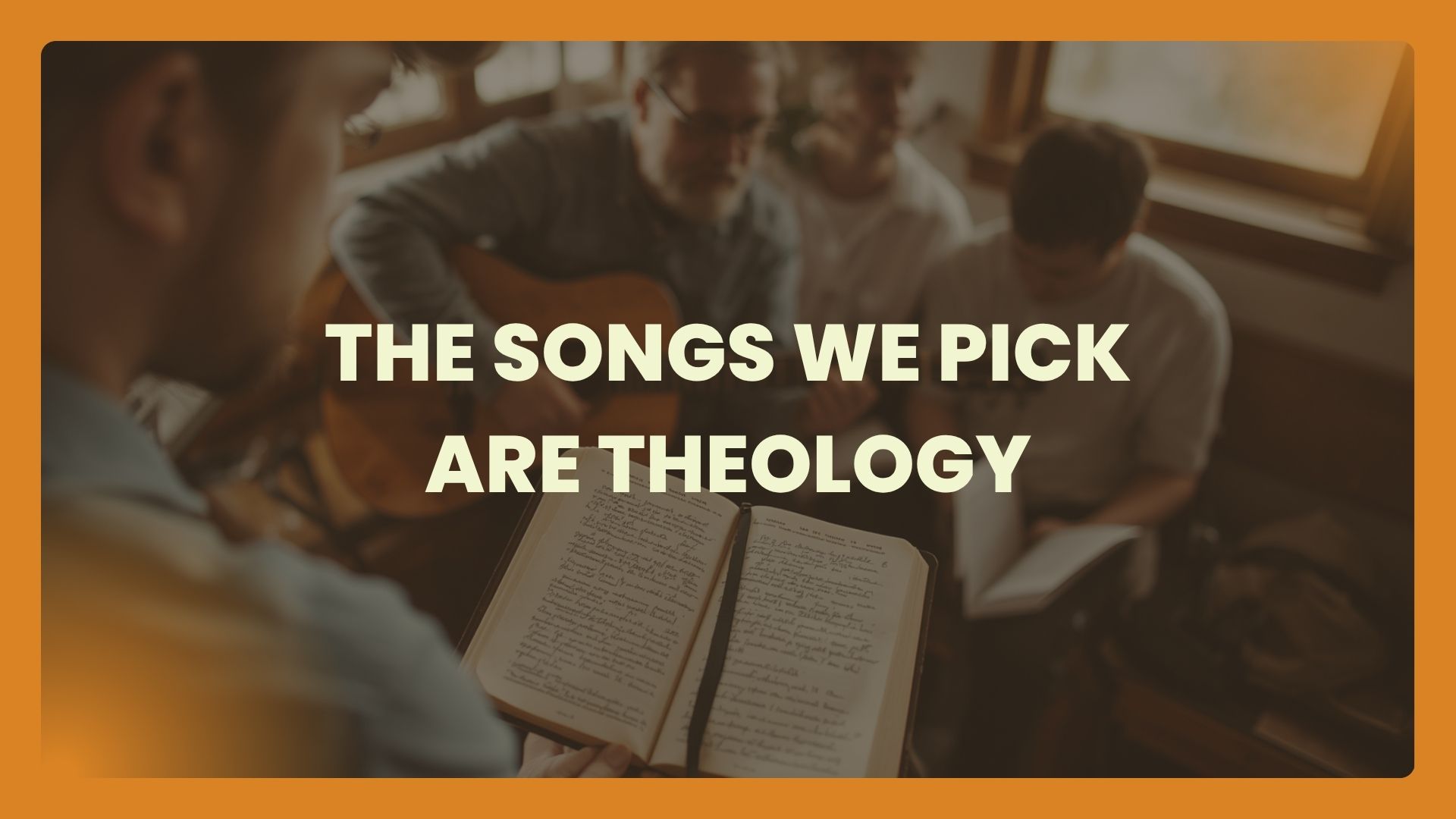 A small group of worship musicians gathered around handwritten song  lyrics, reviewing them together in warm natural light before rehearsal.