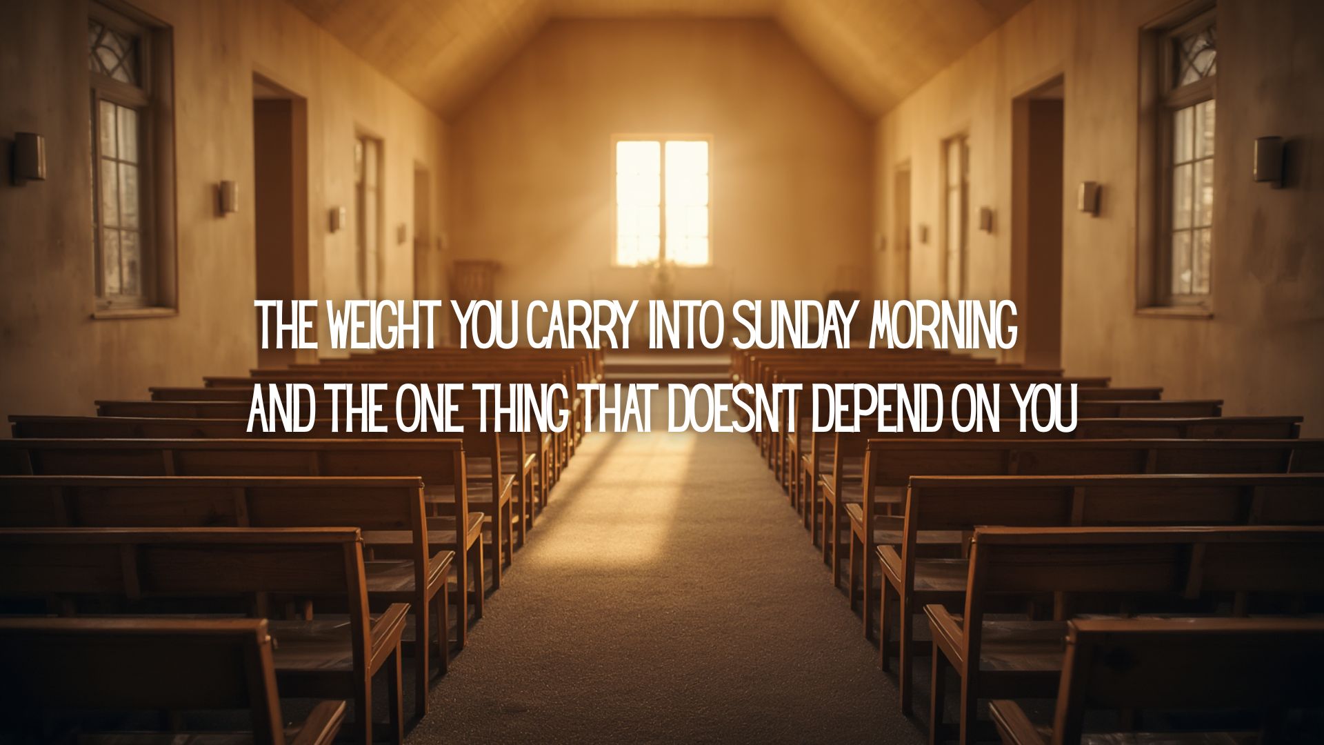 An empty church sanctuary bathed in warm morning light just before a worship service, chairs arranged and waiting.