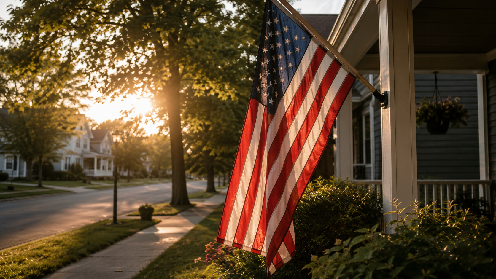 An American flag hanging from a front porch in warm morning sunlight, with a quiet suburban neighborhood street in the background.