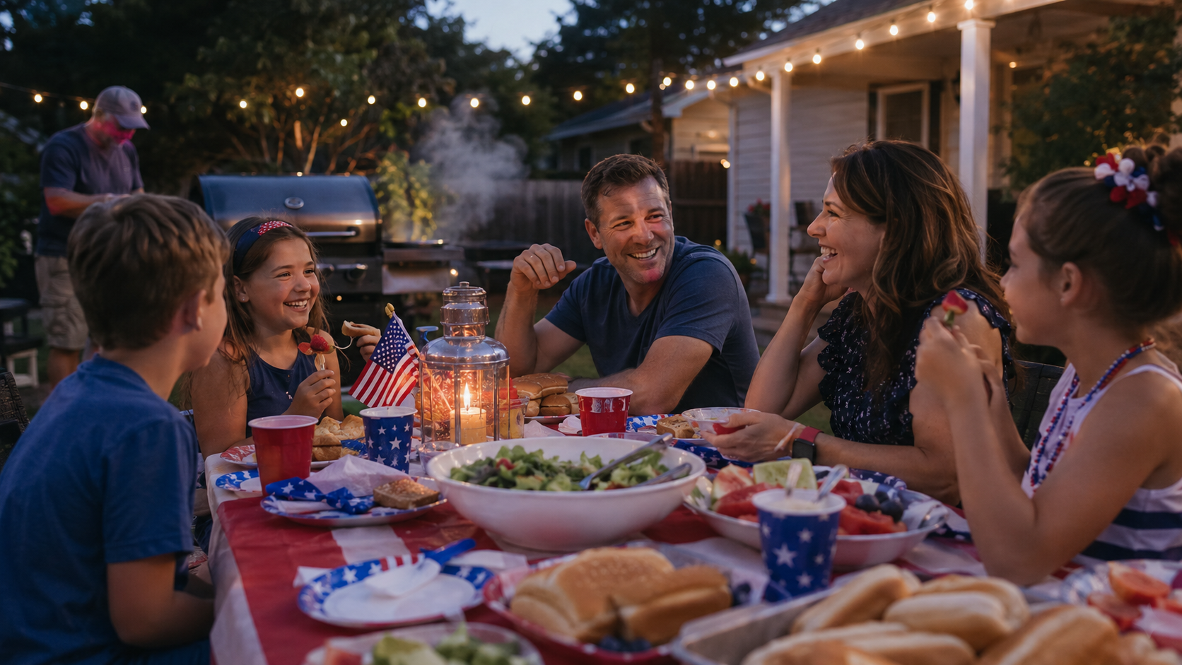 A family gathered around a backyard table for a Fourth of July celebration, with children laughing, simple food, American flags, and string lights glowing overhead in the evening.
