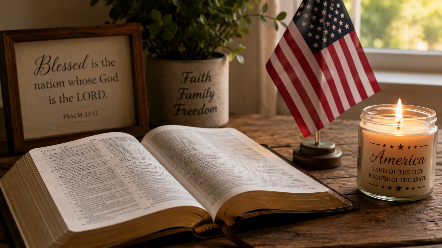 An open Bible on a wooden table beside a small American flag and a lit candle in warm indoor light, creating a quiet and prayerful Independence Day scene.