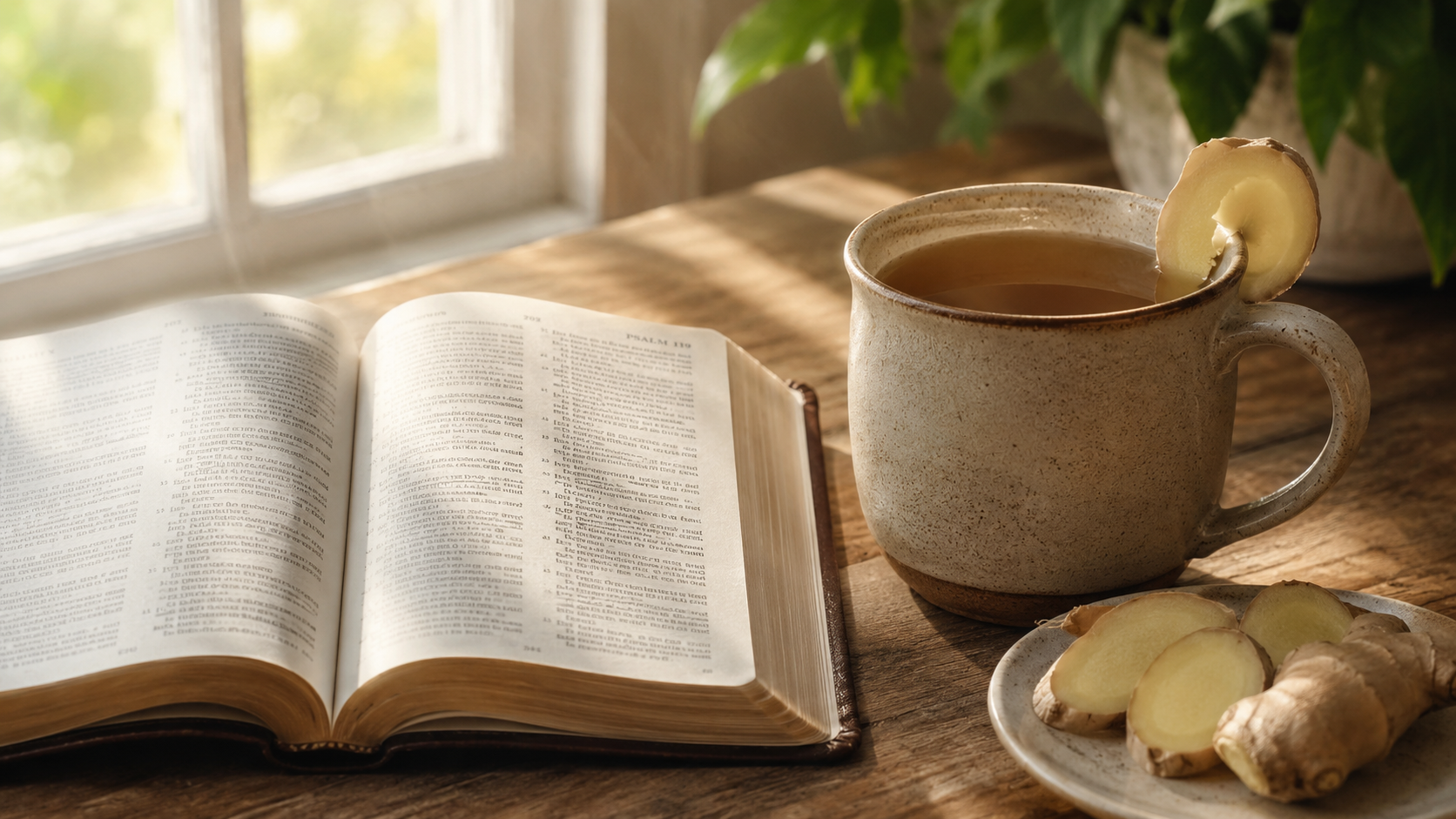 A ceramic mug of ginger tea with a fresh ginger slice on the rim sits on a wooden table beside an open Bible, sliced ginger, and soft morning light coming through a window.