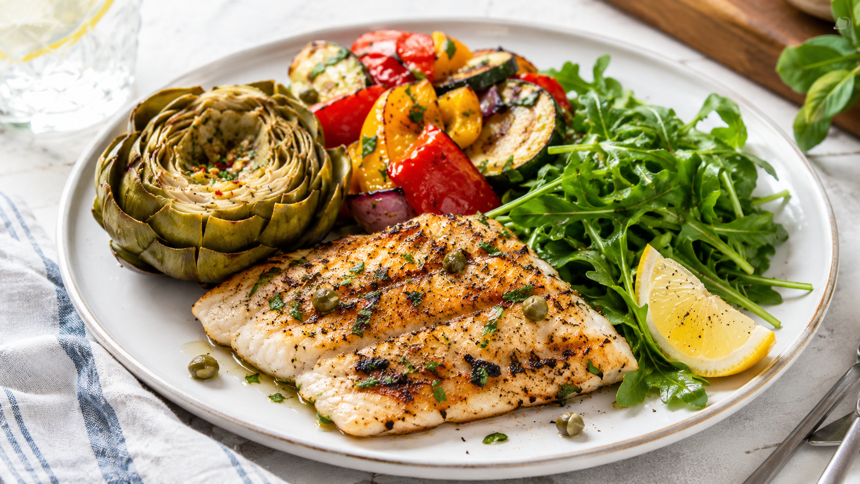 A plate of grilled fish with artichoke, roasted bell peppers, zucchini, fresh greens, capers, and a lemon wedge on a light dining table in bright natural daylight.