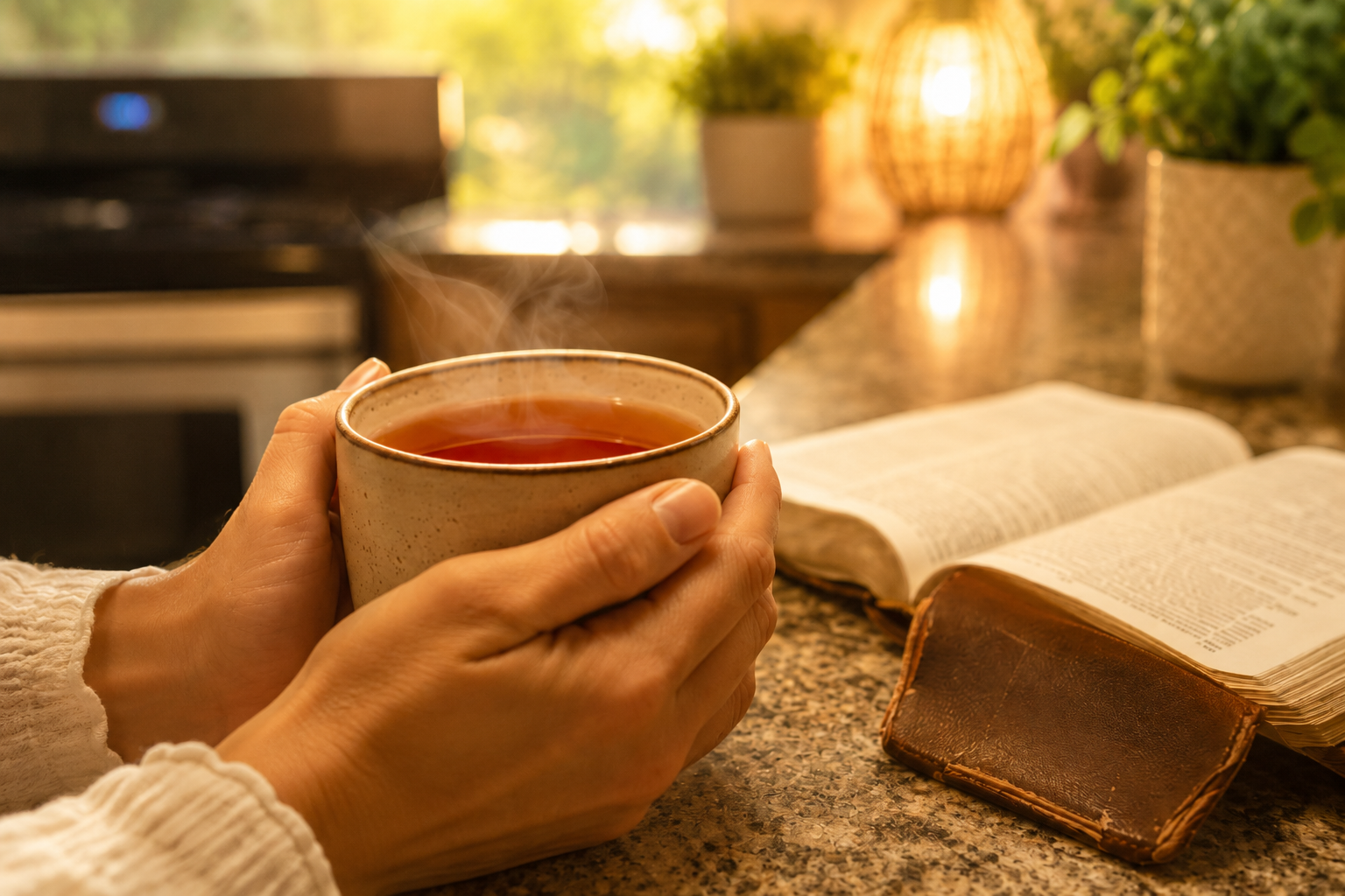 Close-up of hands holding a steaming mug of reddish-amber rooibos tea on a kitchen counter, with an open worn leather Bible softly blurred in the background and warm summer evening light.