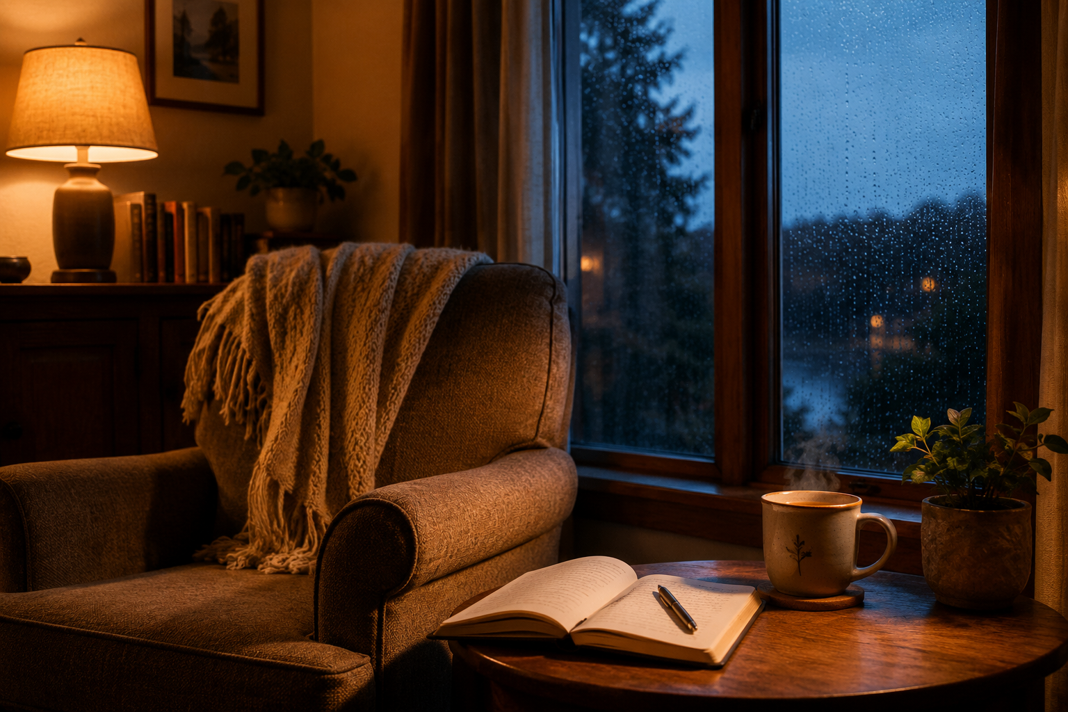 A cozy living room at dusk with a cushioned armchair by a rain-speckled window, a wooden side table holding a steaming mug of rooibos tea, an open journal with a pen, and warm lamplight contrasting with the cool blue evening outside.