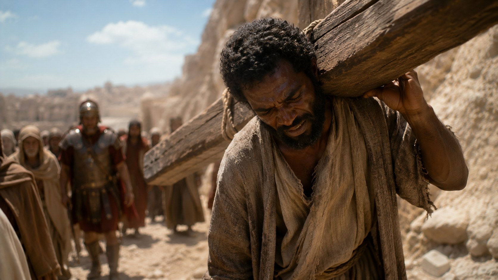 A man shouldering a heavy wooden beam on a road at midday, simon of cyrene carrying the cross