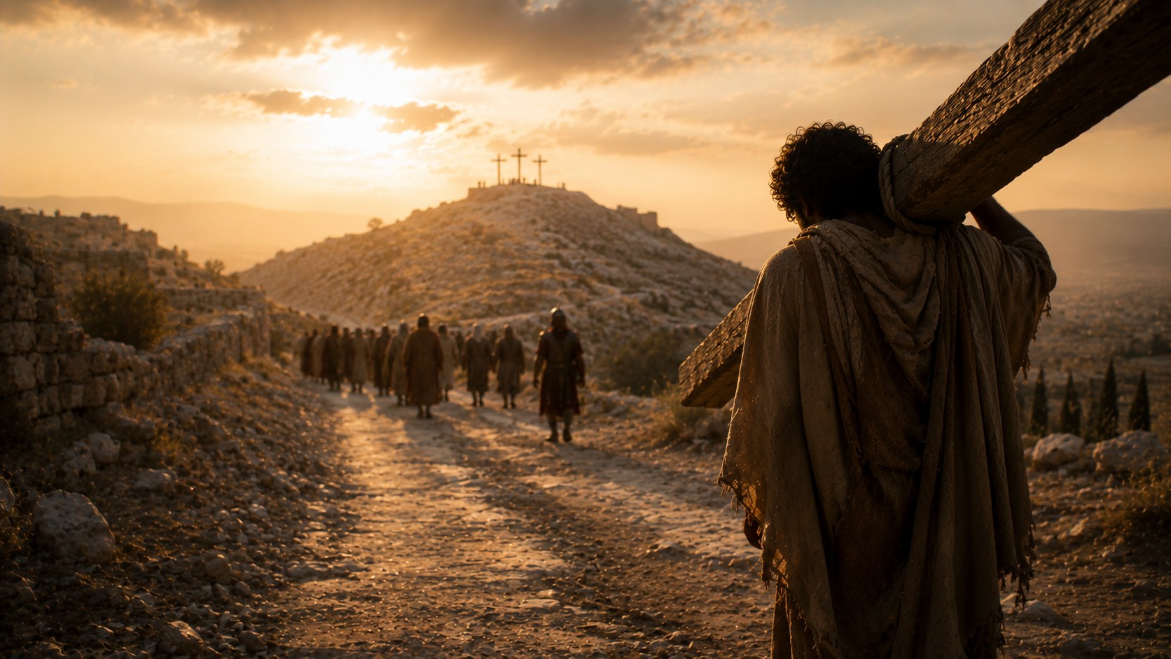 A worn road stretching toward a hill in stark light, an image of the road to the cross