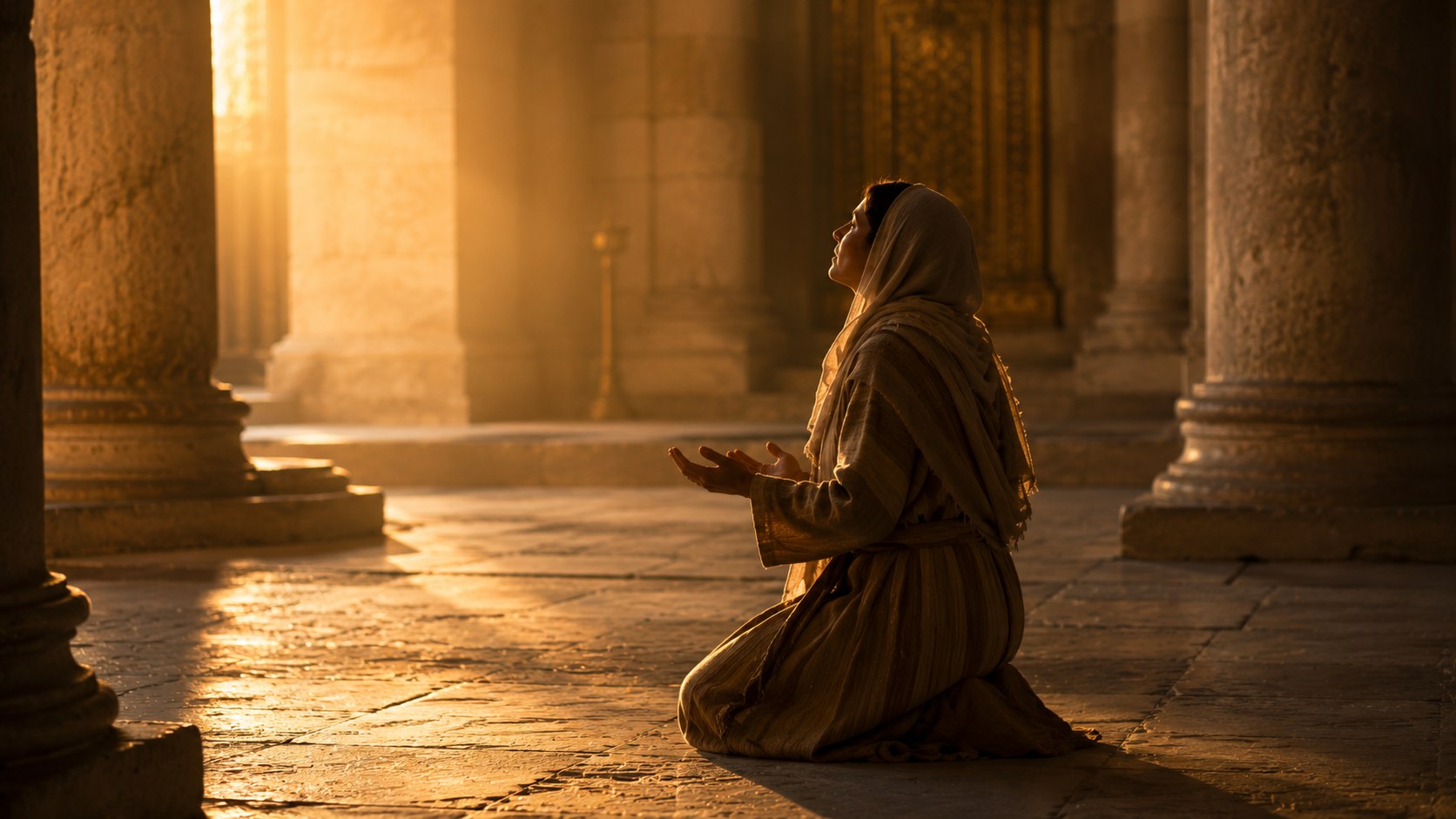 A woman praying alone in a quiet temple at dawn, hannah in the bible