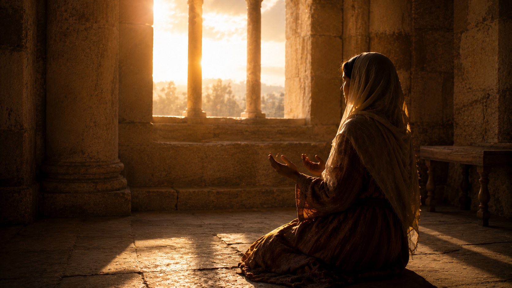 Soft dawn light through a temple window, an image of prayer entrusted to God