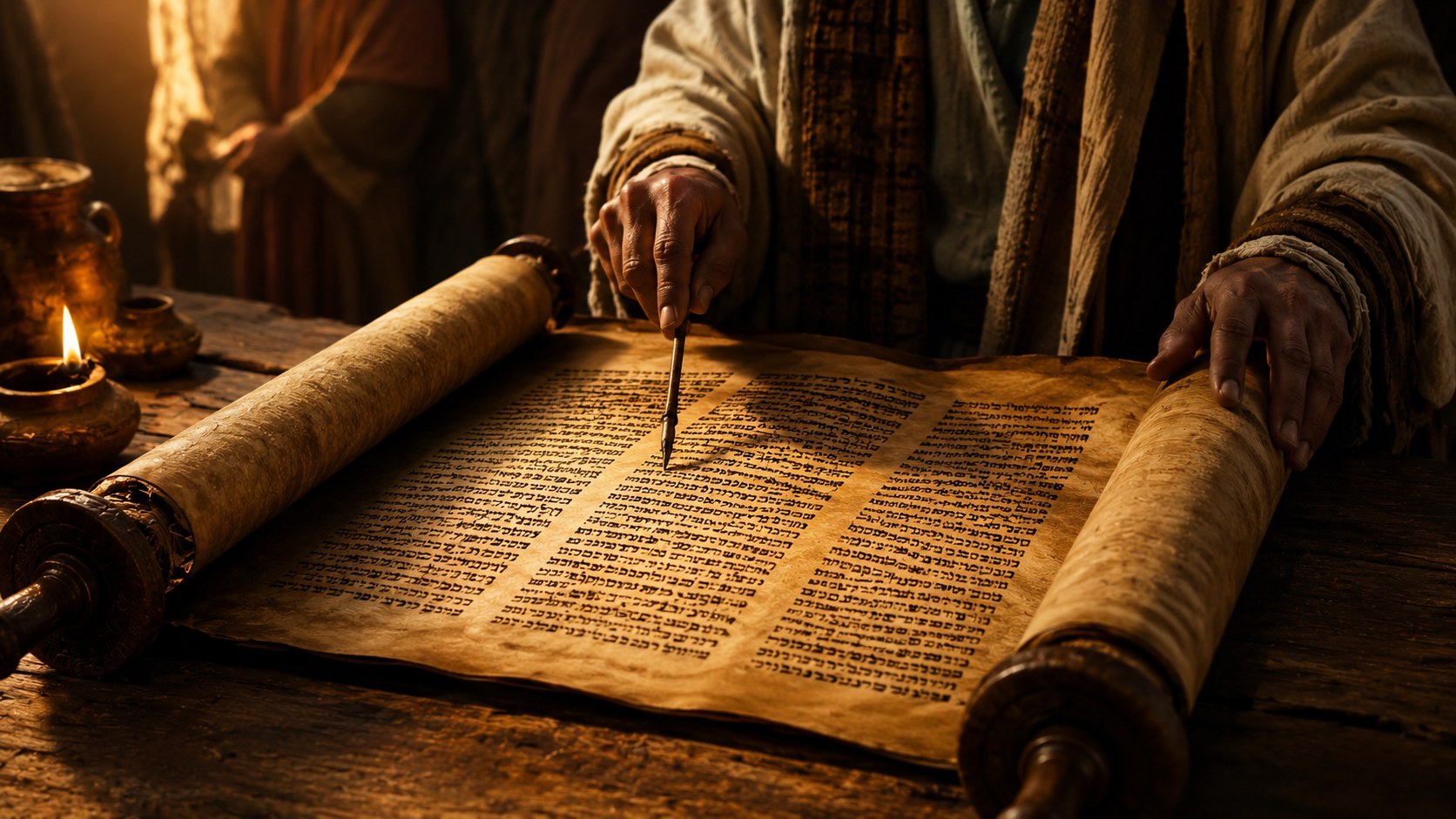Warm light over an ancient Hebrew scroll, an image of the Hebrew names of God