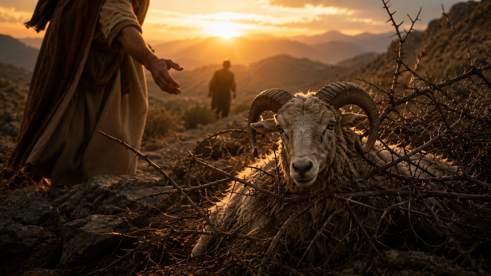 A ram caught in a thicket on a mountain at dawn, the jehovah jireh meaning the Lord will provide