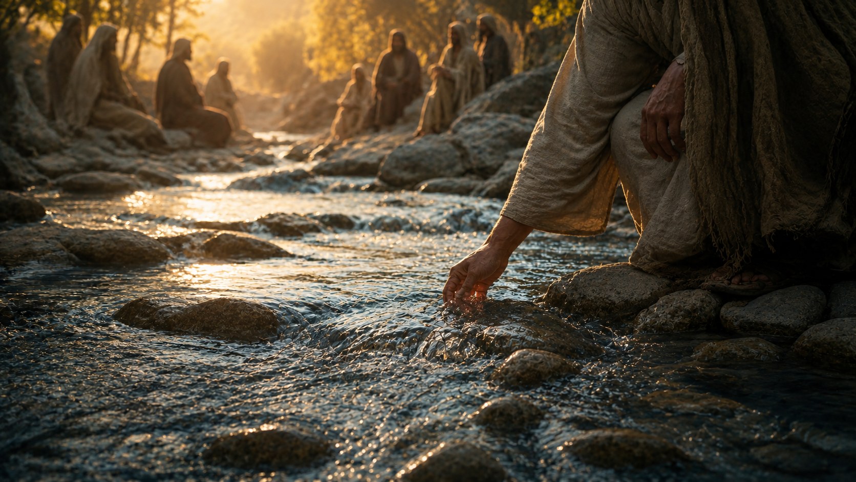 Clear water flowing over stones in soft light, the jehovah rapha meaning the Lord who heals