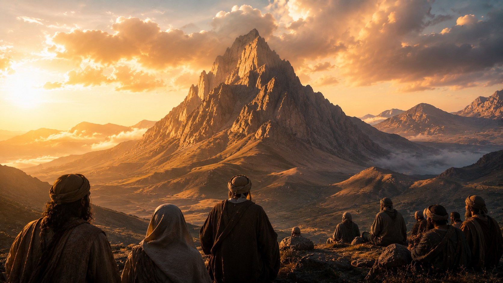 A towering mountain peak in golden light, an image of God Almighty