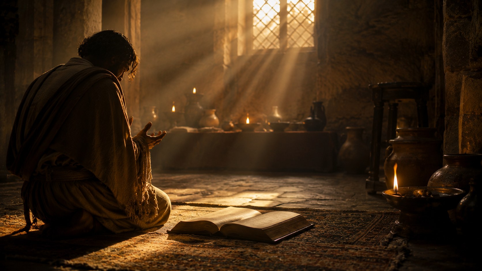 A person kneeling in soft light before an open Bible, the adonai meaning Lord and Master