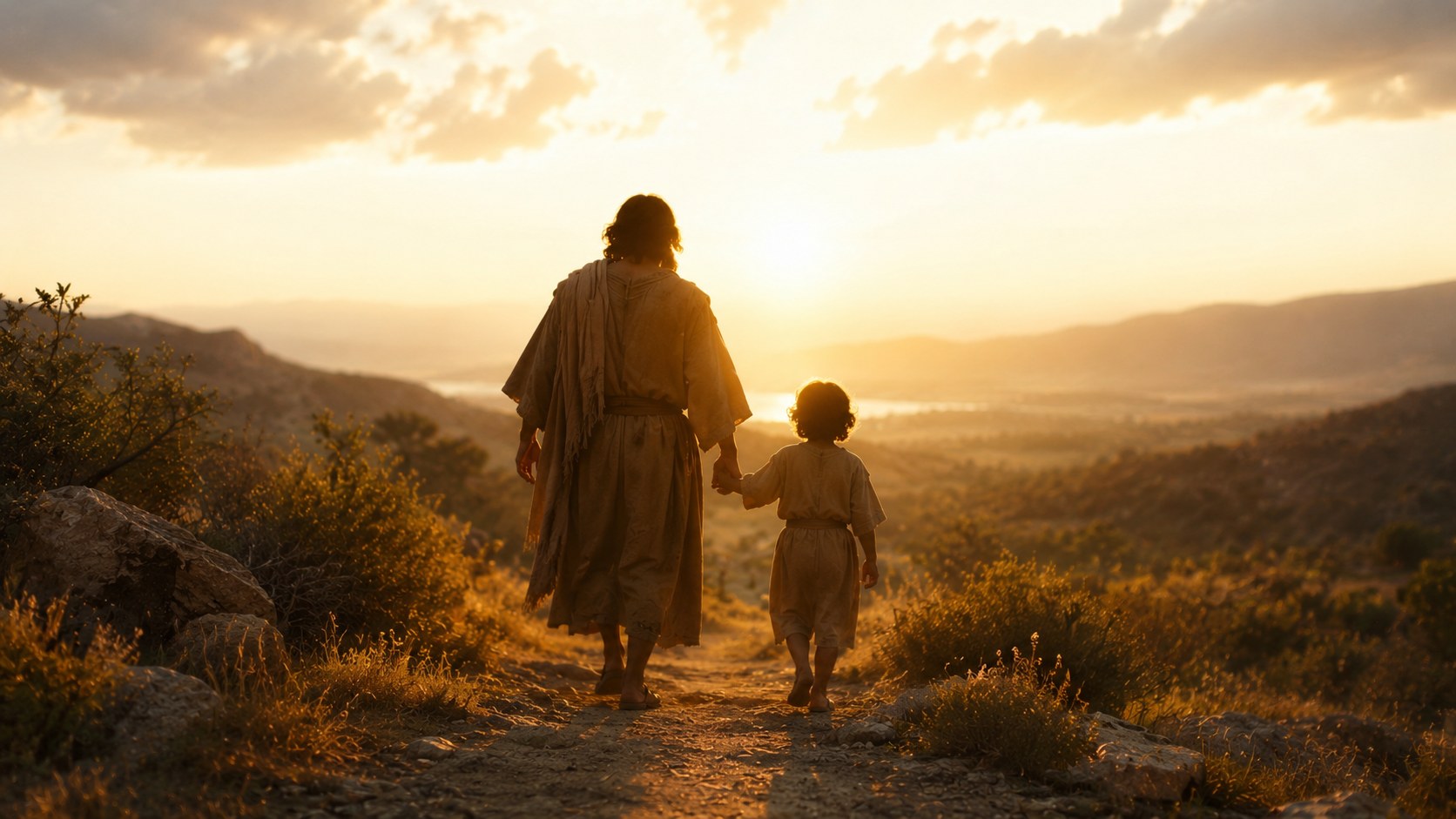 A parent and child walking together in warm light, the abba father meaning God as our Father