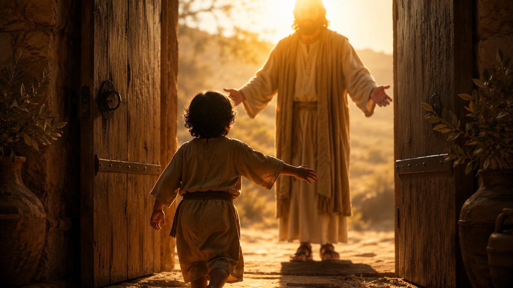 Warm light through an open door, an image of being welcomed as a child of God