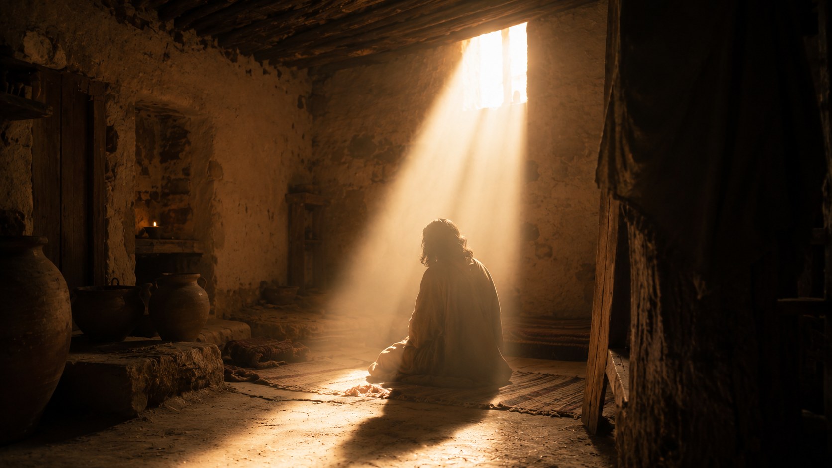 A single light entering a dim room, an image of the Word made flesh
