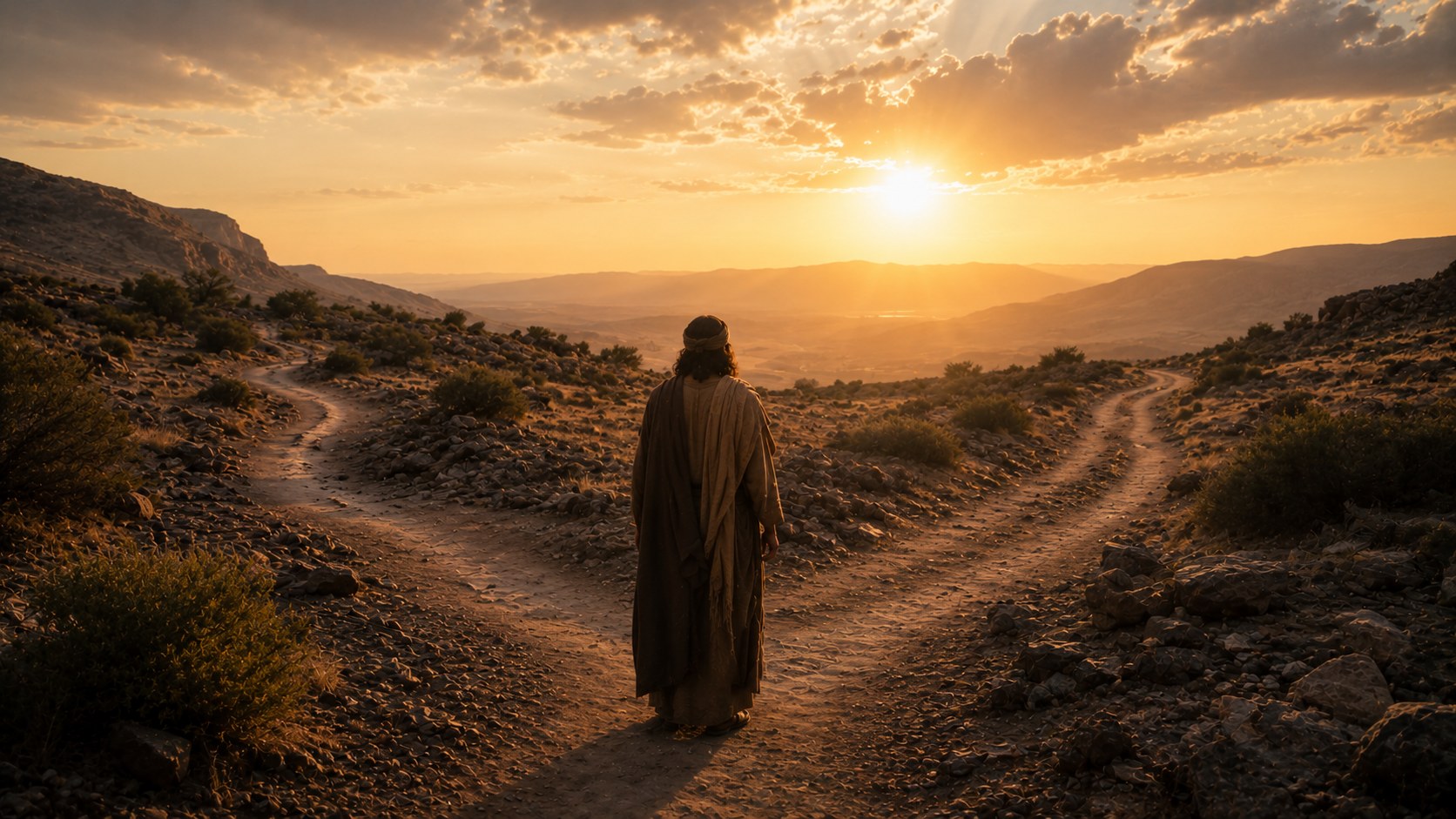 A single figure standing at a crossroads at dawn, an image of the choice to obey