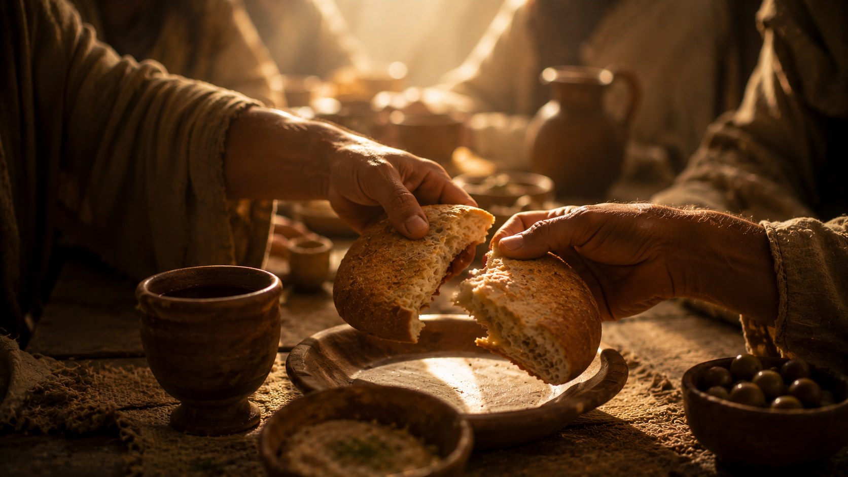 Hands breaking bread in soft light, an image of the Lord's Supper