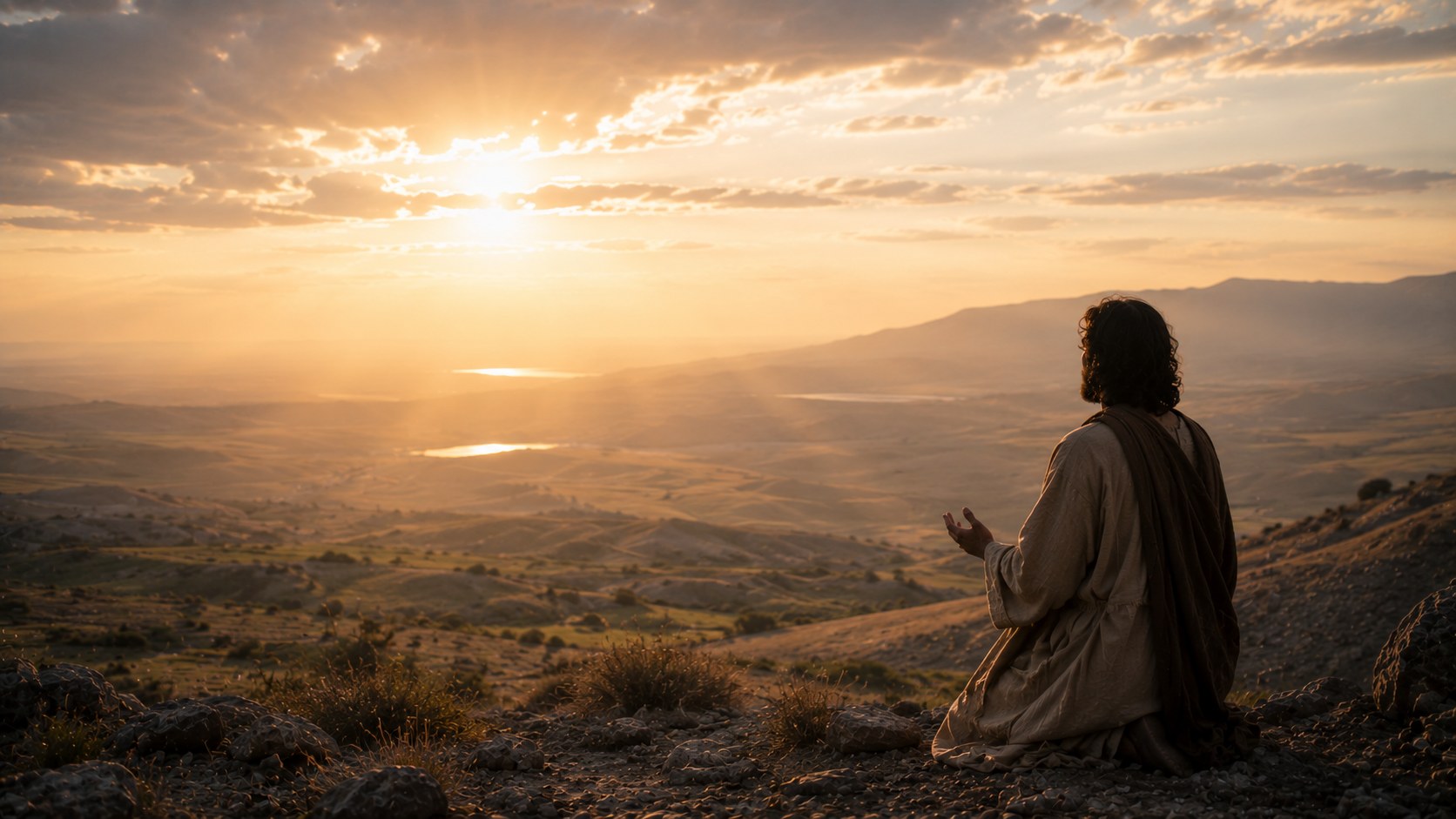 Morning light over a quiet open landscape, an image of praying the Lord's prayer