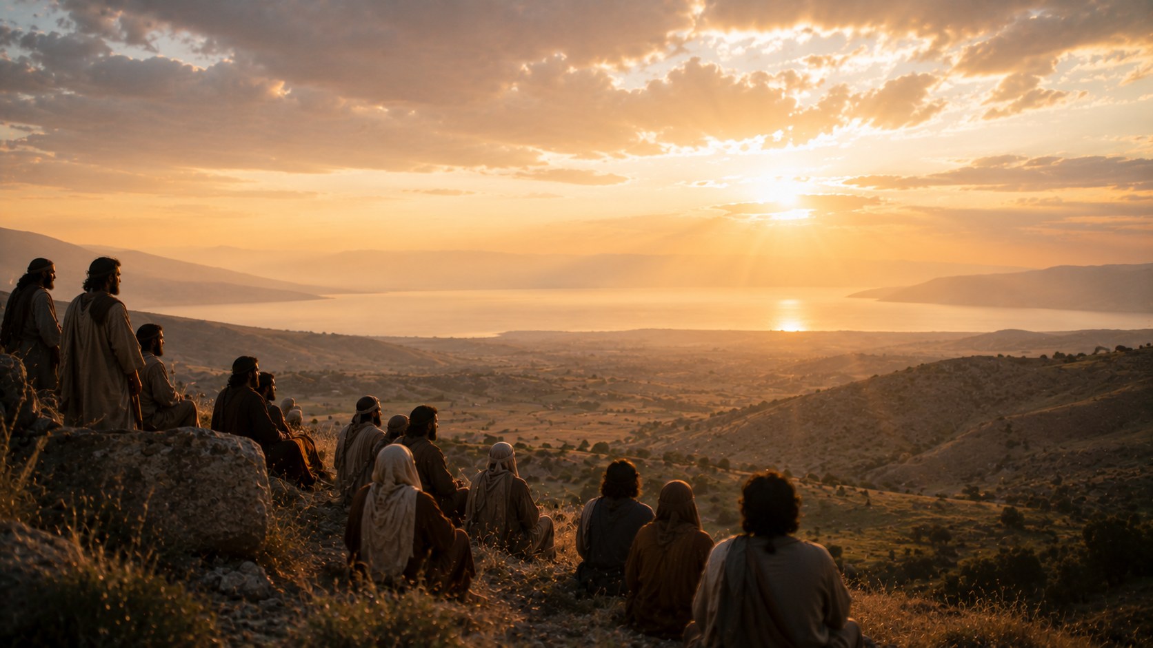 A gentle sunrise over a quiet hillside, an image of the Beatitudes' blessing