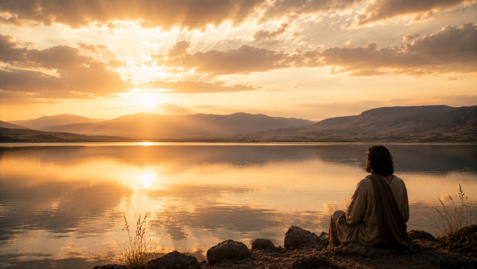 Still water beneath a clearing sky, an image of ceasing to strive