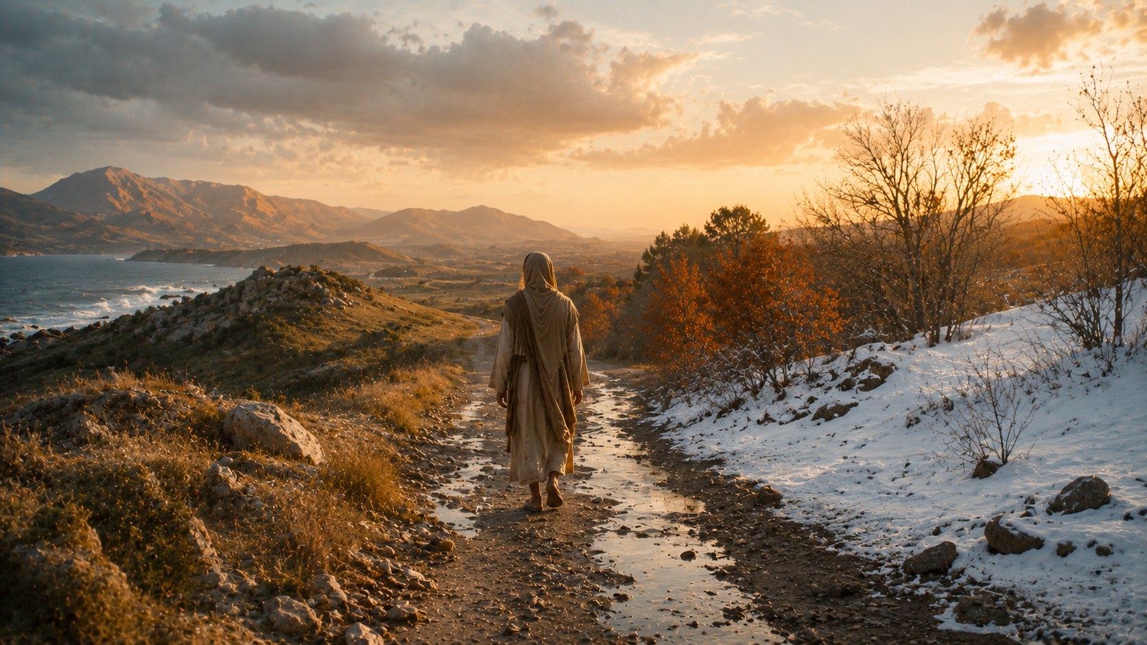 A steady figure on a path through varied terrain, an image of contentment in every season