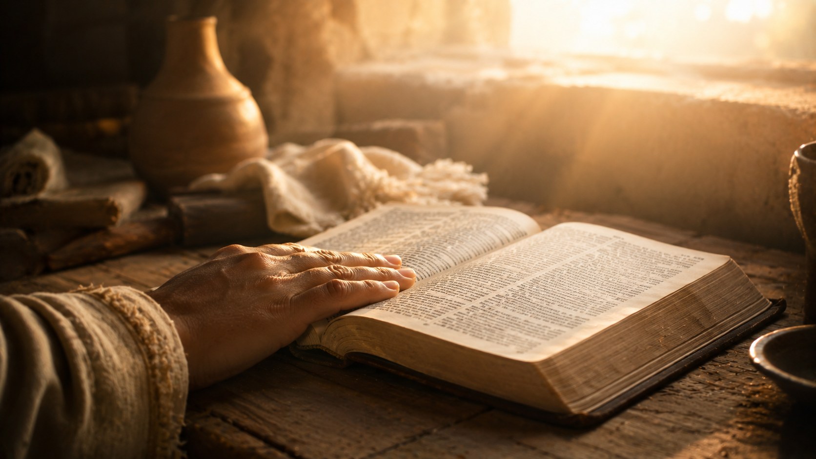 A hand resting gently on an open Bible in warm light, bible verses for healing and strength