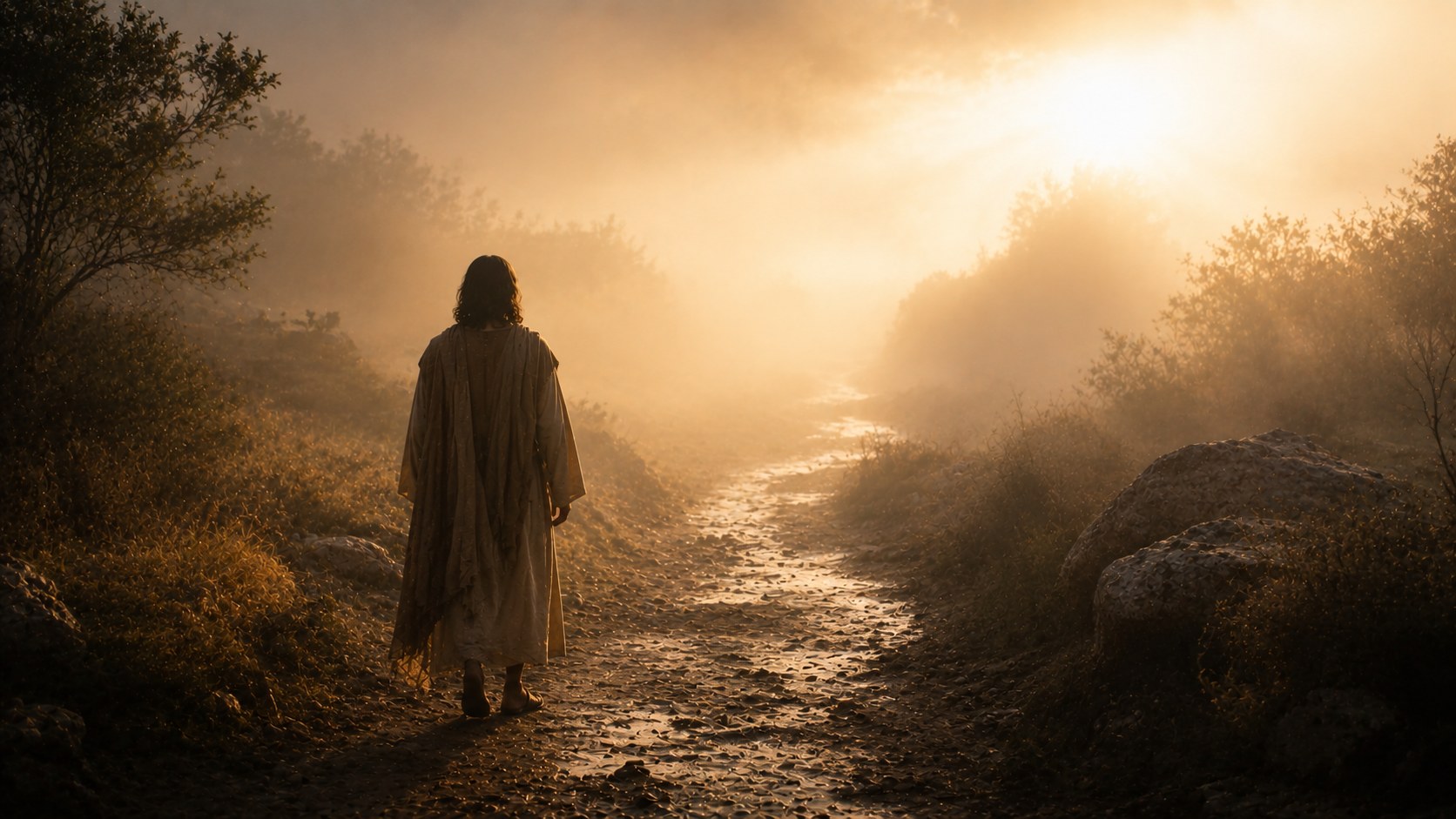 A person walking a foggy path toward light, bible verses about trusting god