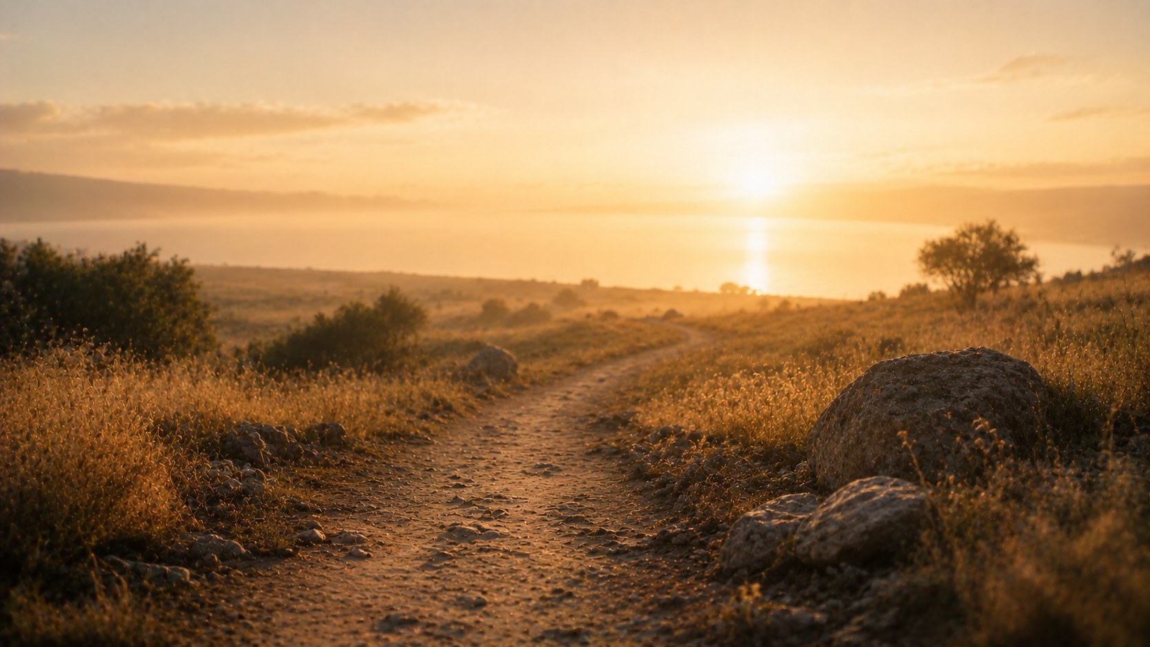 A calm path stretching toward the horizon at dawn, an image of patient waiting