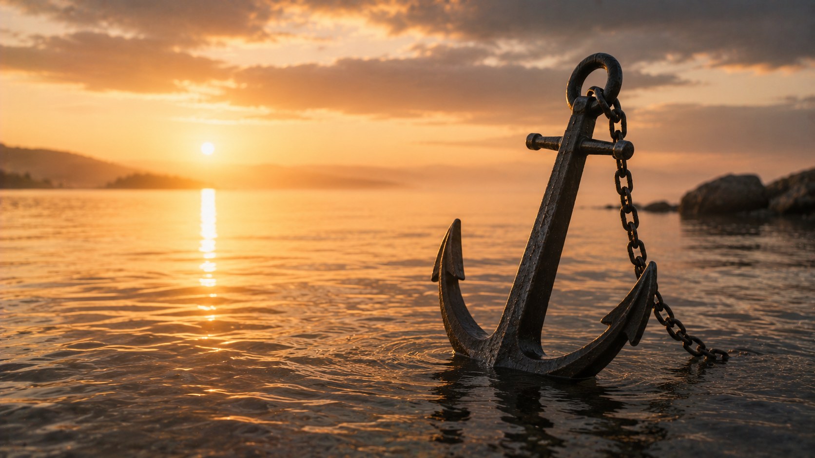 A single anchor resting in calm water at dawn, bible verses about hope