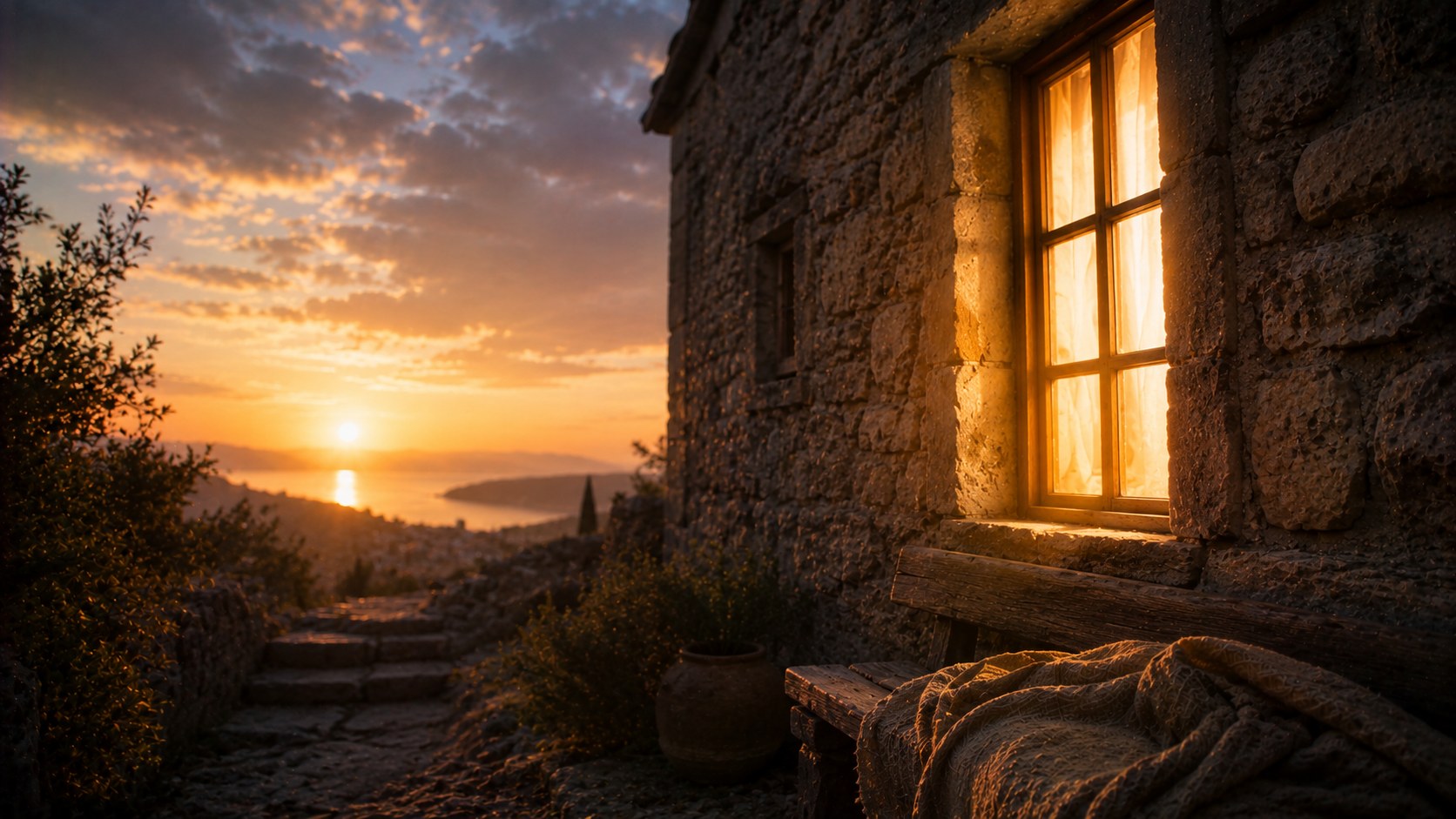 A warm light glowing in a window at dusk, an image of never being truly alone