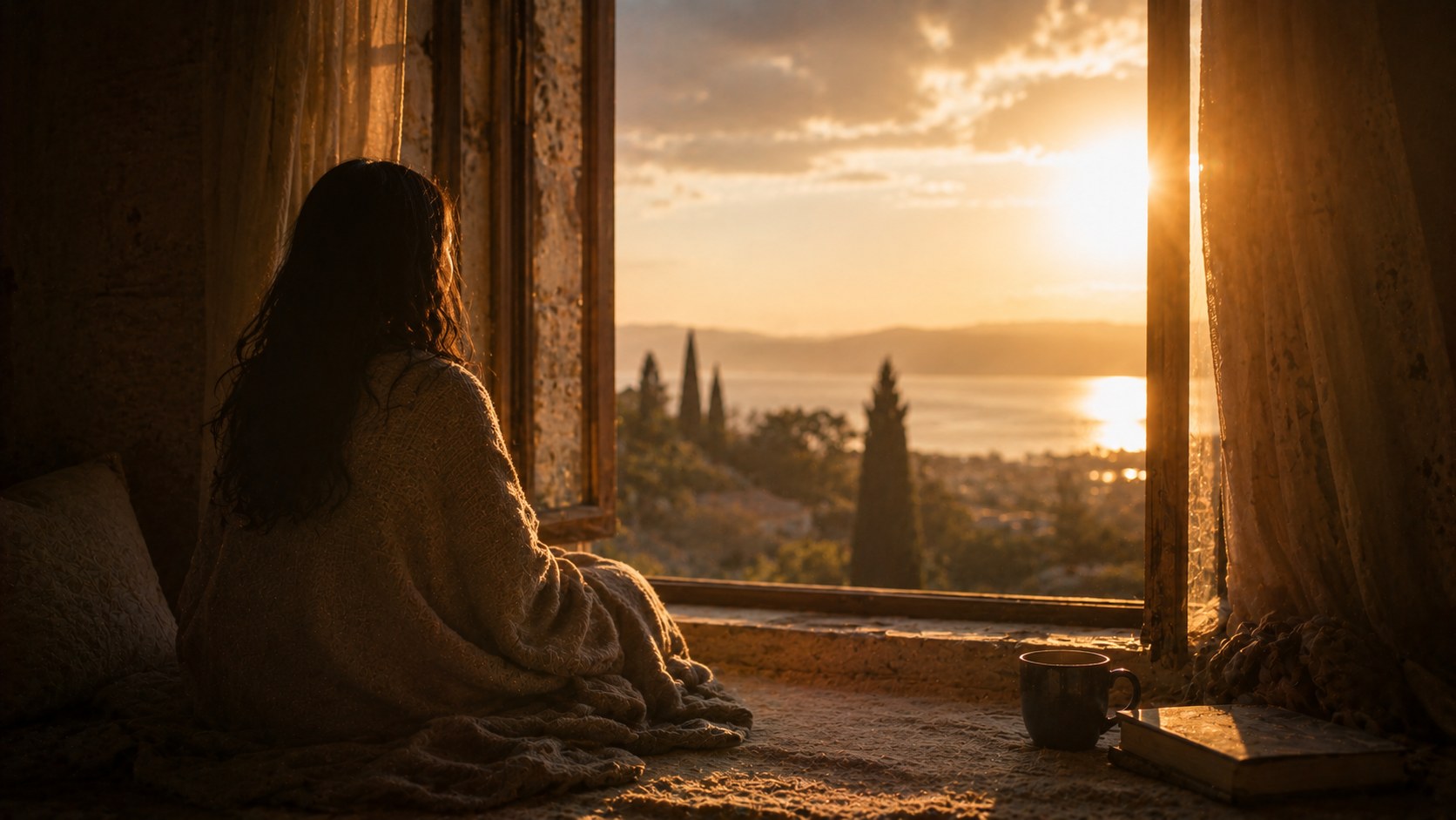 A solitary figure by a window with warm light drawing near, bible verses for loneliness