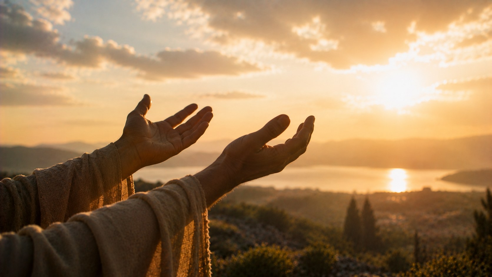 Open hands lifted in warm morning light, bible verses about gratitude
