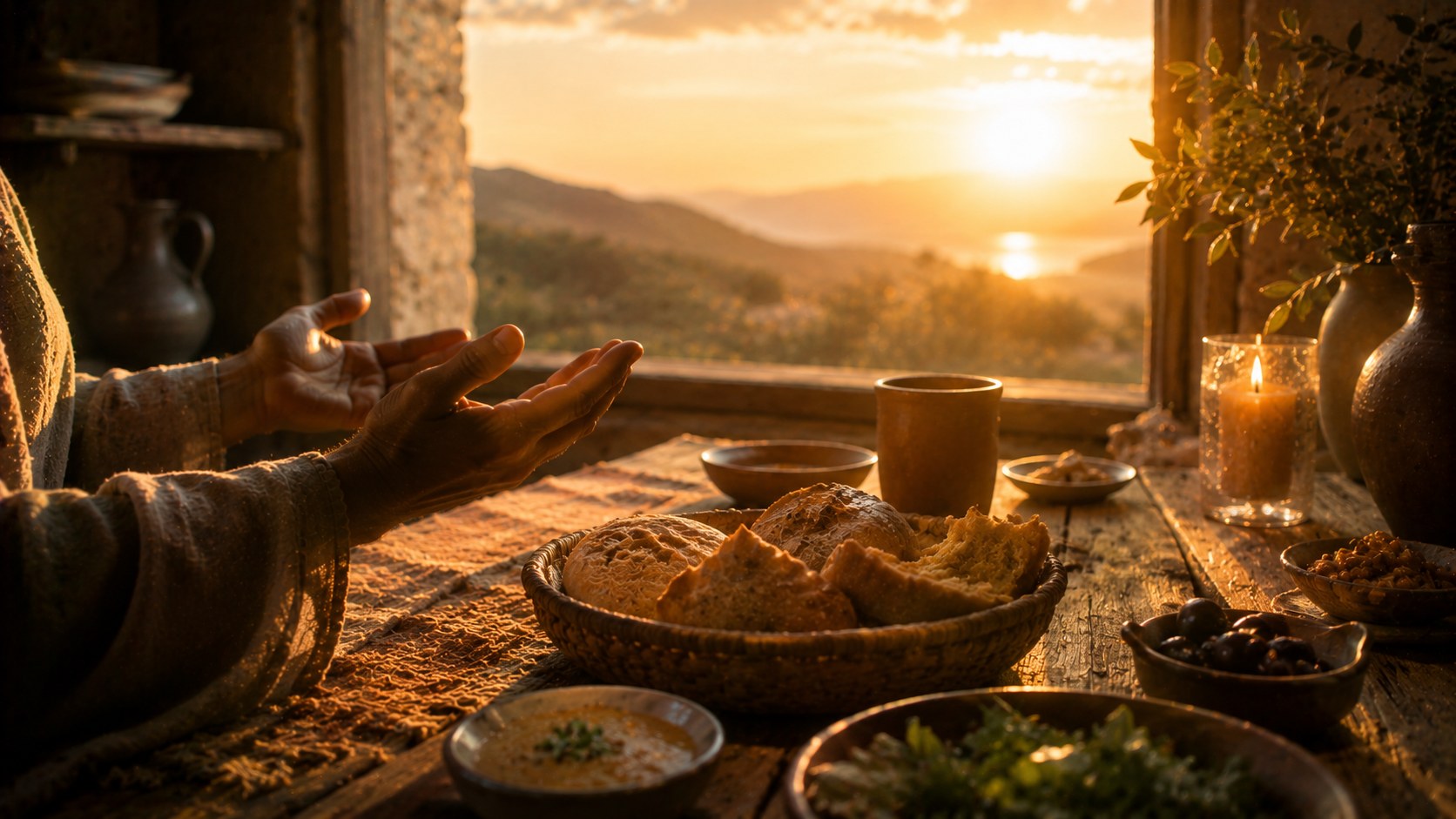 Warm light over a simple table set with bread, an image of a thankful heart