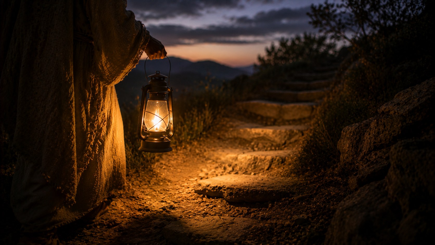 A lantern lighting a few steps of a dark path, an image of guidance one step at a time
