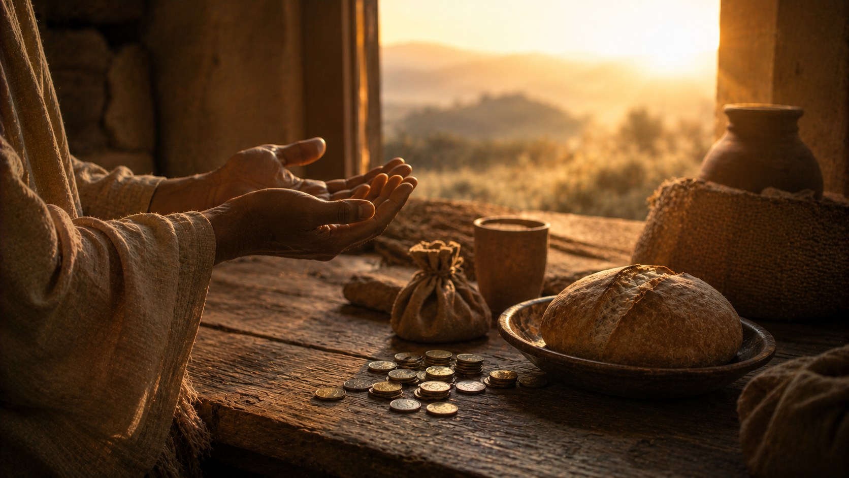 A simple table with bread and coins in warm light, an image of provision and stewardship
