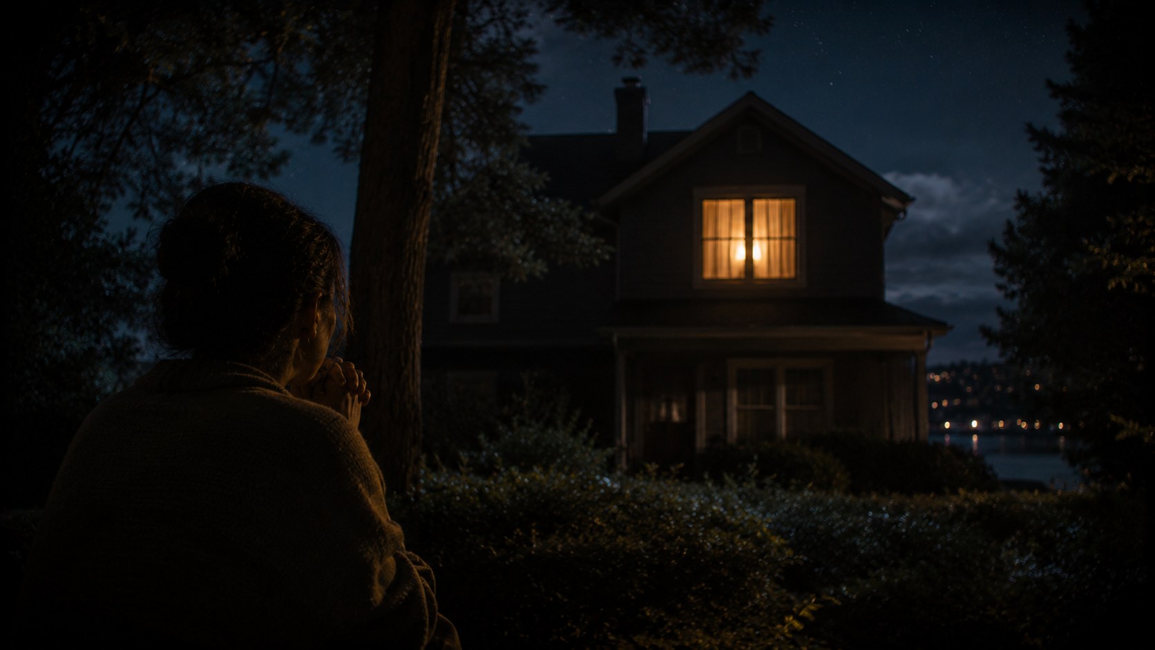 A single light left on in a window at night, an image of hope for a wandering child