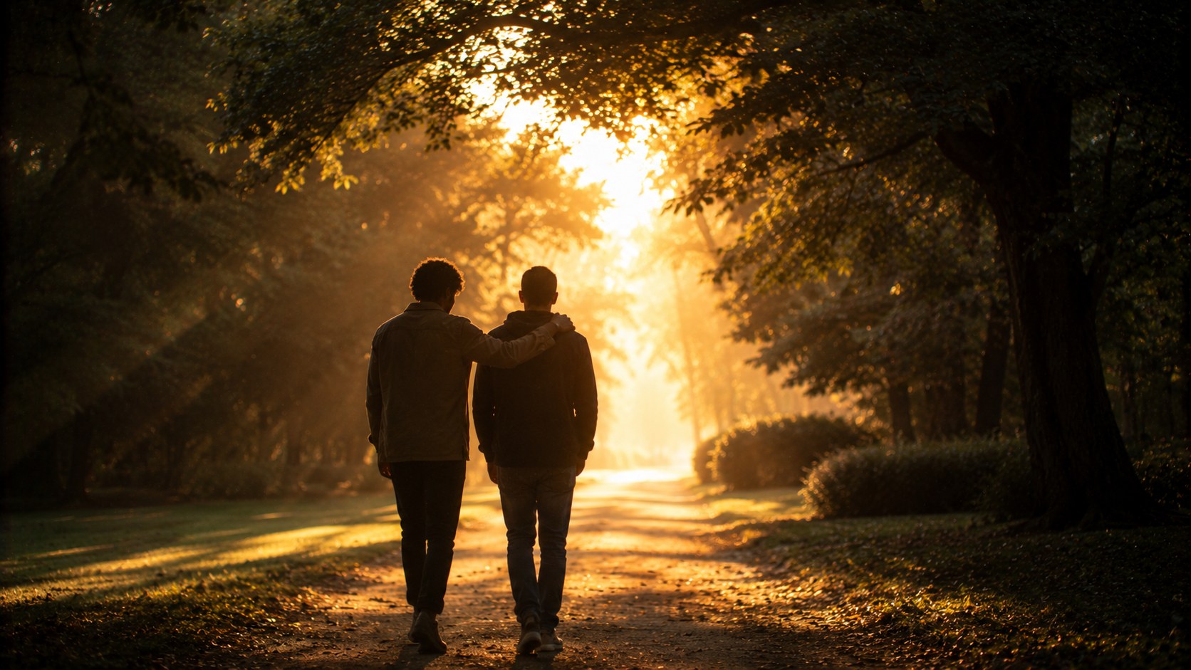 Two figures walking together toward light, an image of interceding for a friend