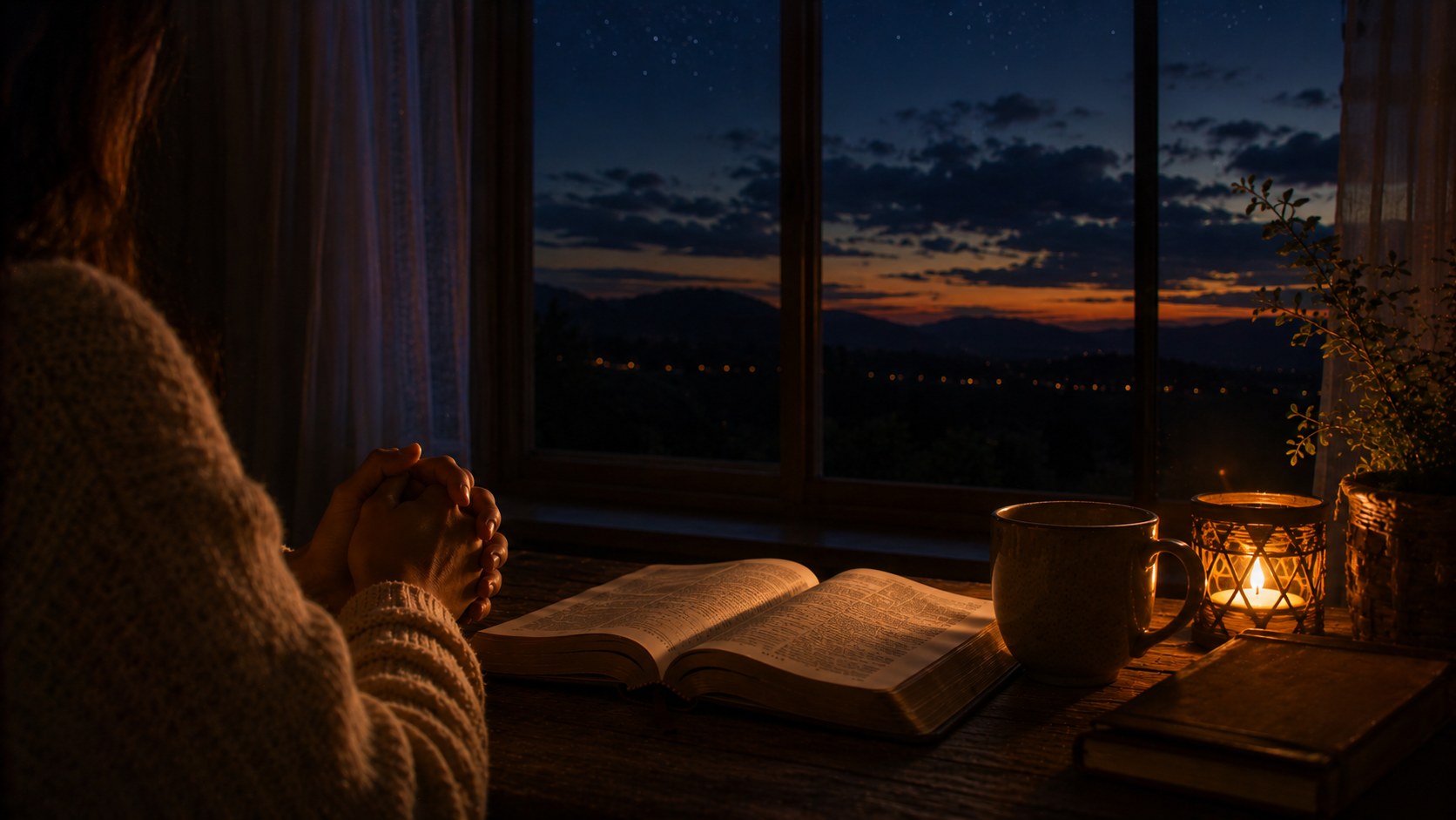 A calm night sky through a window over a peaceful room, an image of resting in God