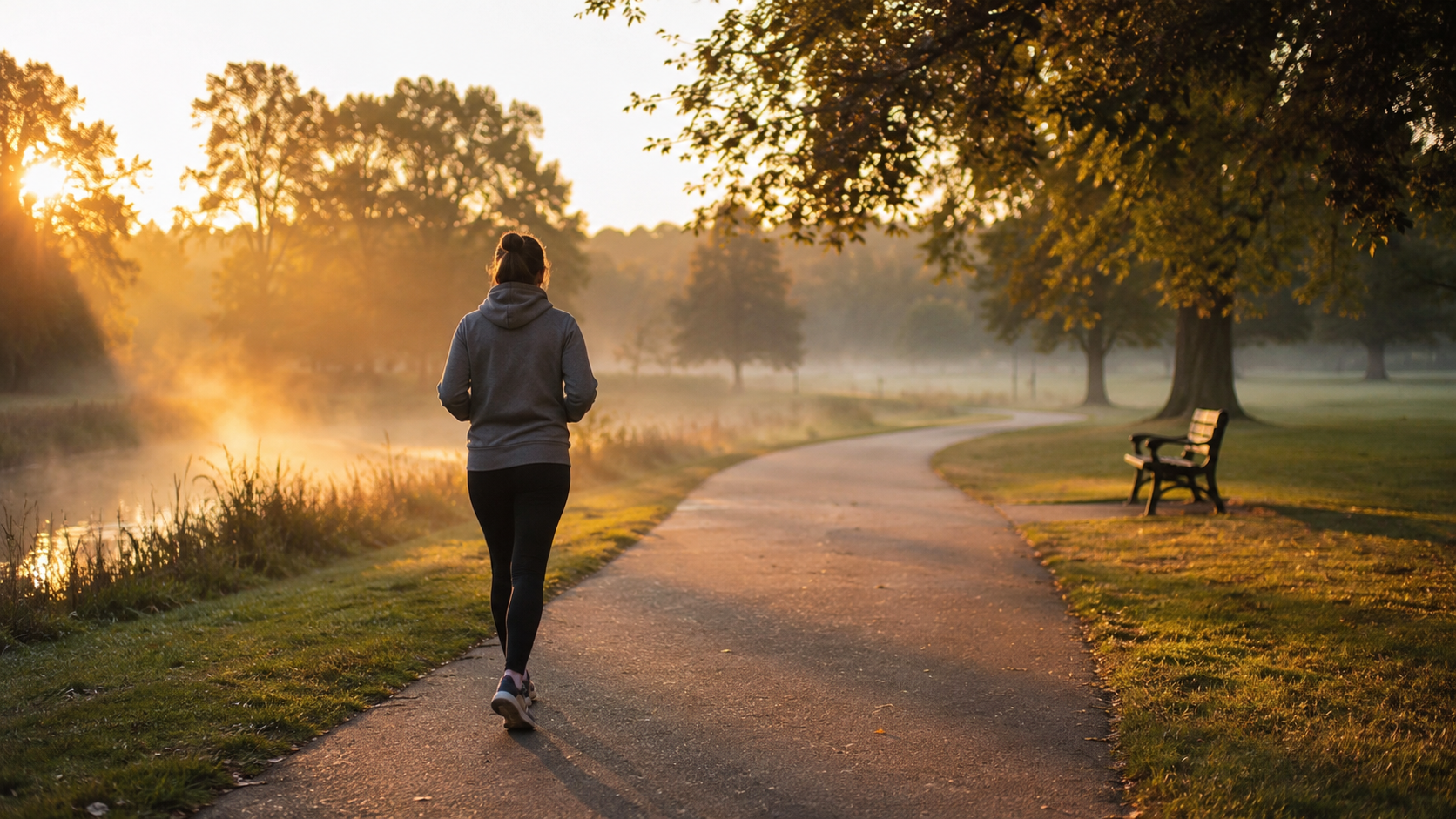 A person walking away from the camera along a curved park path at sunrise, surrounded by trees, golden light, and light morning mist.
