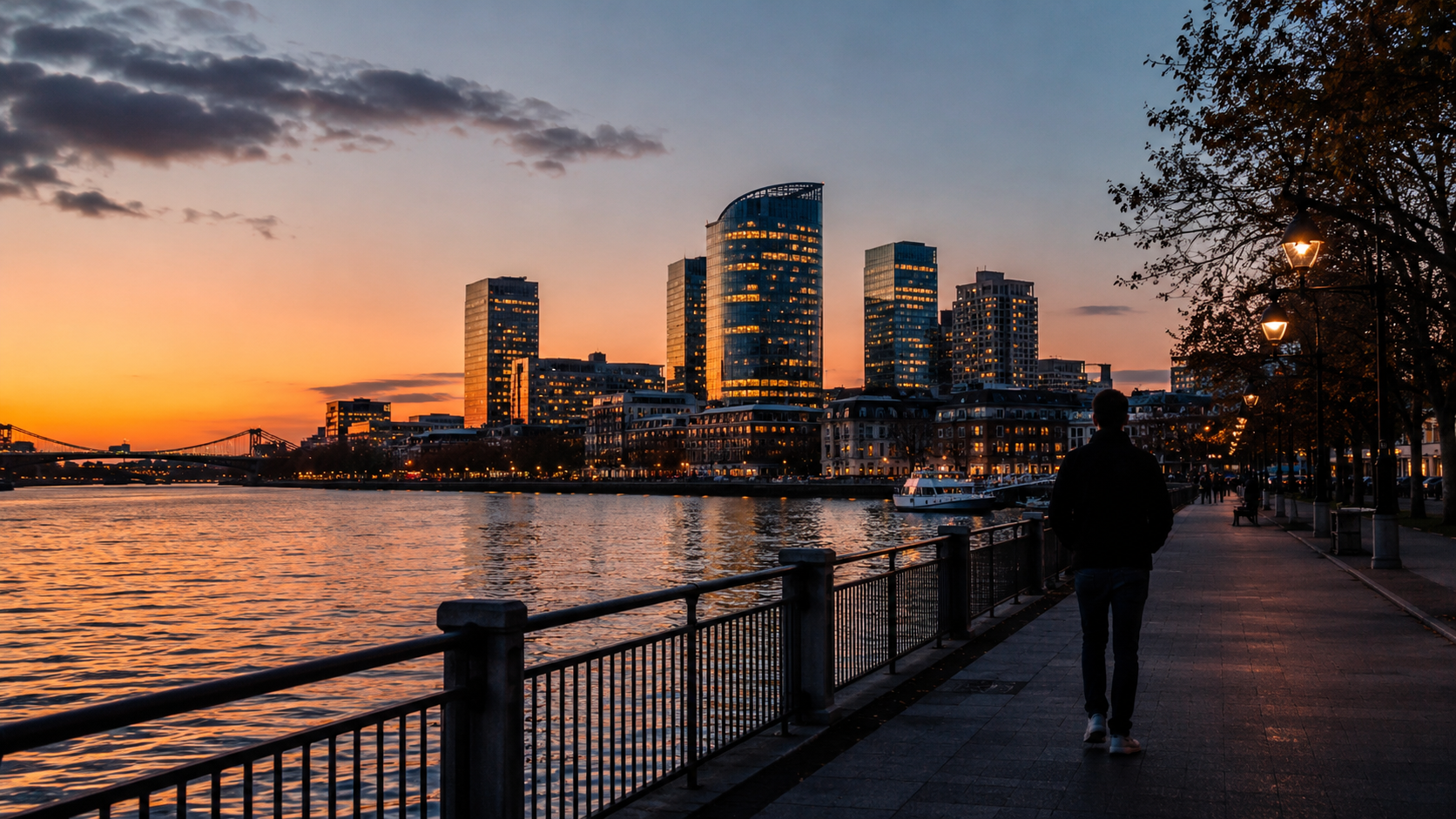 A person walking away along an urban riverside path at dusk, with orange sunset light reflecting on the water and glass buildings glowing in the background.