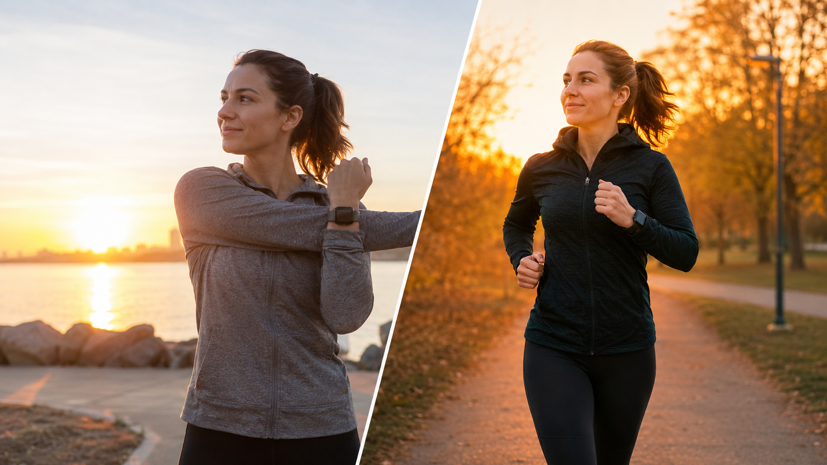 Split-screen image of a woman stretching by the waterfront at sunrise and jogging along a tree-lined park path in warm evening light.